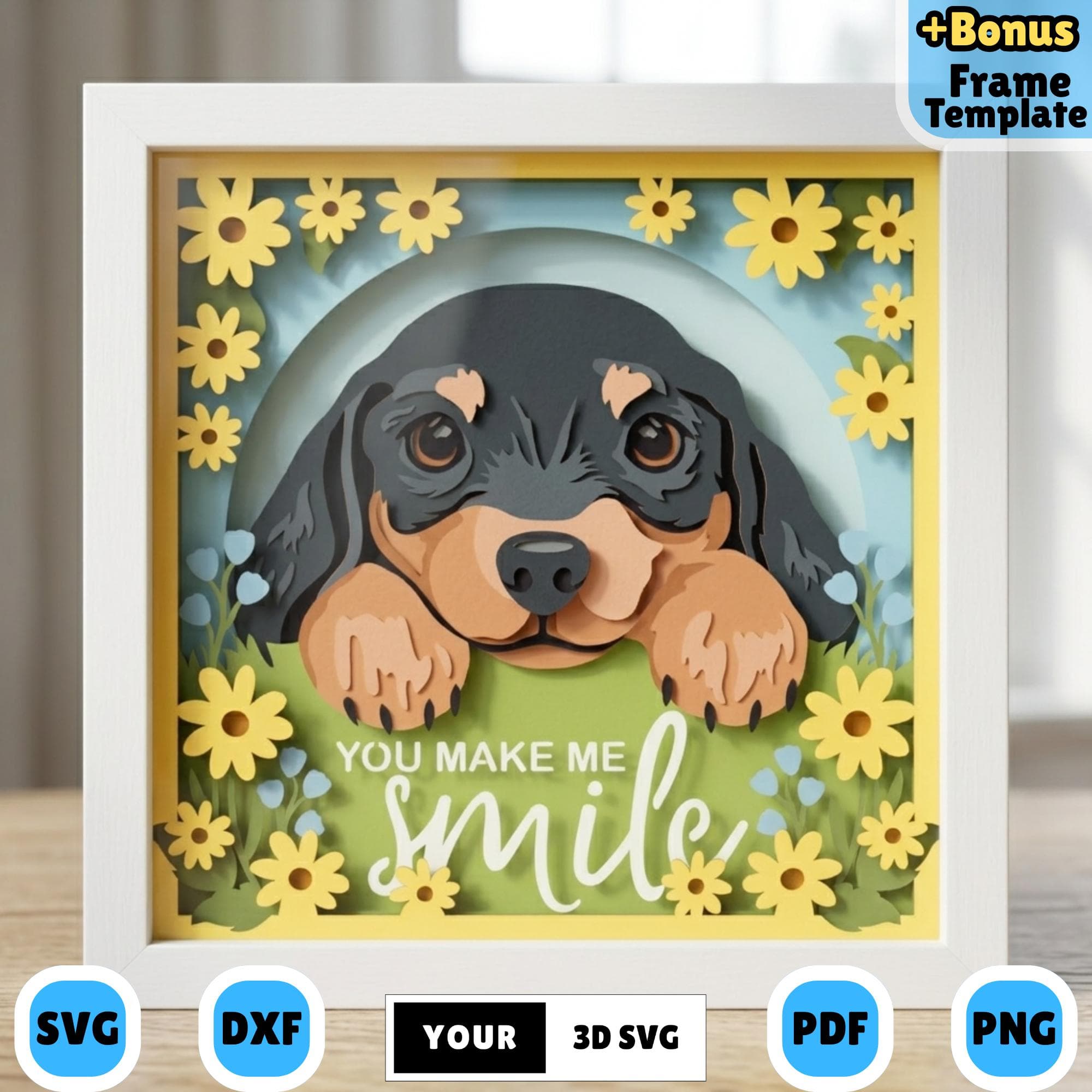 3D Spring Puppy Shadow Box SVG, Dachshund Dog Layered Papercut, You Make Me Smile Wall Art, Silhouette Lightbox SVG Cutting Template File