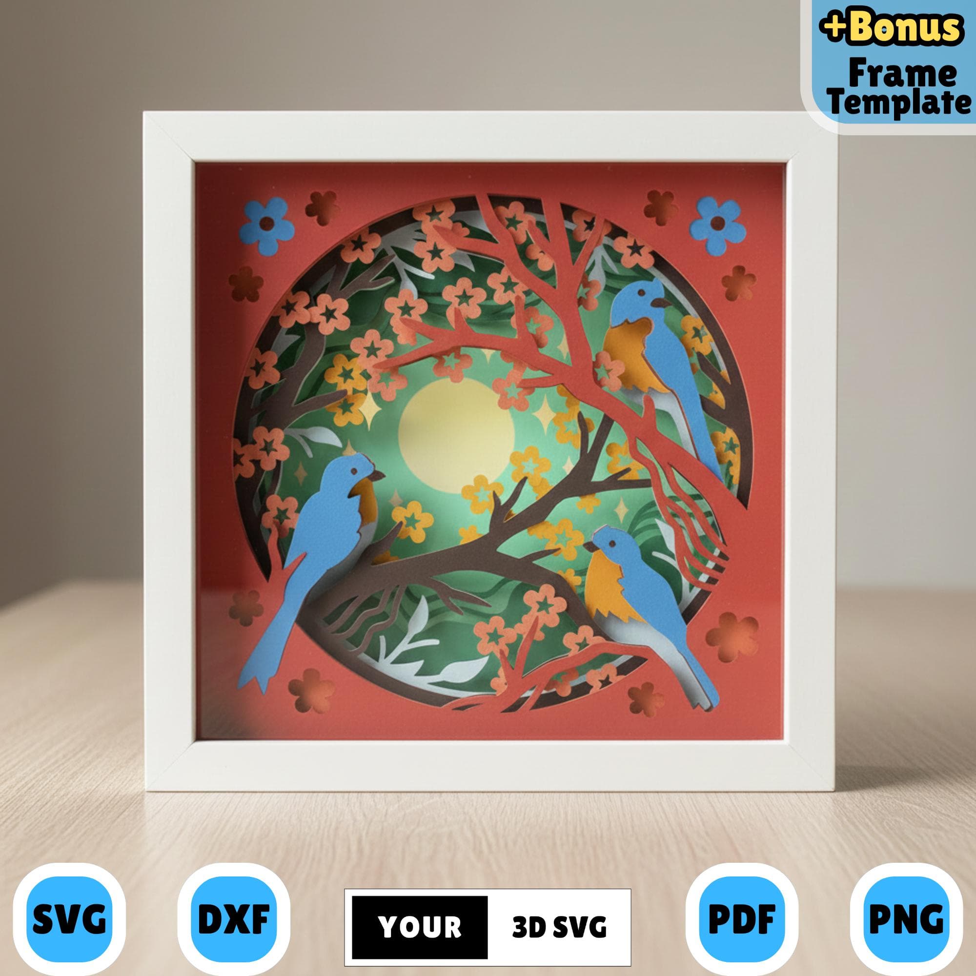 Tropical Birds 3D Shadow Box SVG, Layered Paper Cut Spring Bird Art Cricut, Light Box Template Floral Wall Decor, DIY Blossom Branches SVG