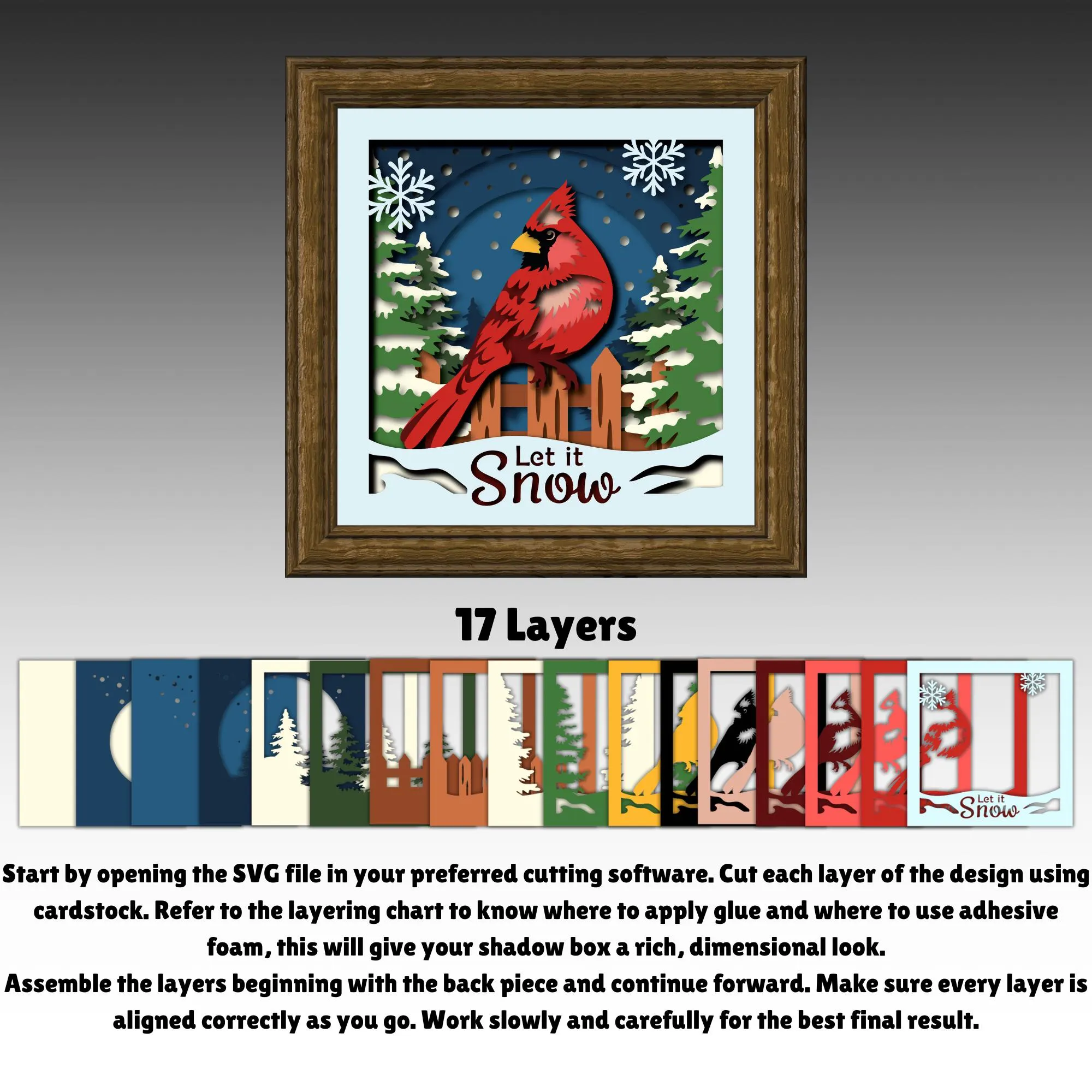 A layered winter shadow box featuring a red cardinal perched on a wooden fence, surrounded by snow-covered pine trees. The background shows a deep blue night sky with falling snow and large paper snowflakes in the corners. Multiple paper layers create depth, giving the artwork a cozy holiday and winter forest atmosphere.