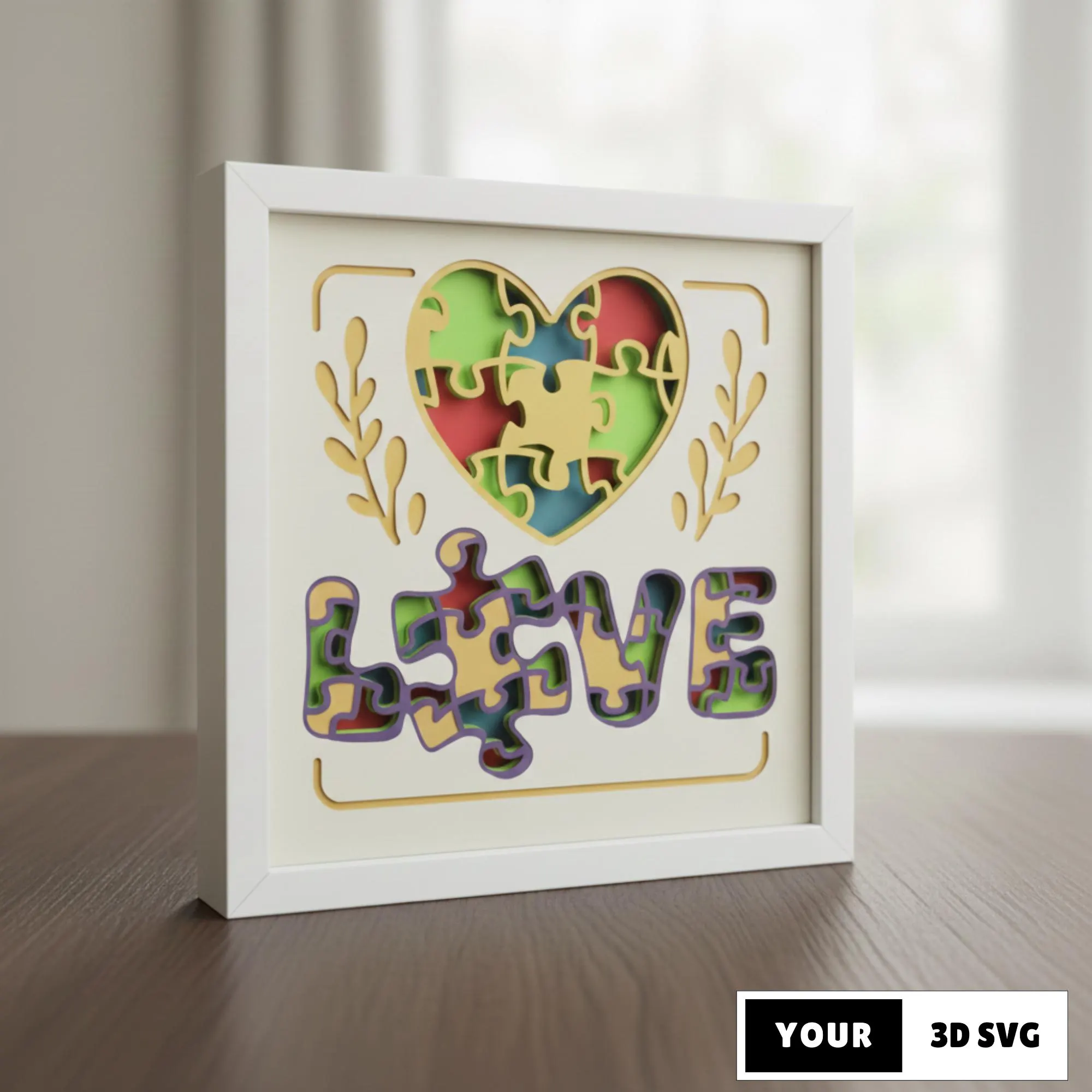 Autism Love Shadow Box SVG 3D, Layered Paper Cut Puzzle Heart Design for Cricut, autistic Lightbox Awareness Decor, DIY Autism Day Gift
Autism Love shadow box SVG featuring a colorful puzzle heart and LOVE text in a 3D layered paper cut design. Perfect for Cricut and cutting machines, ideal for autism awareness decor, classroom displays, therapy rooms, fundraisers, lightboxes, and meaningful handmade gifts.