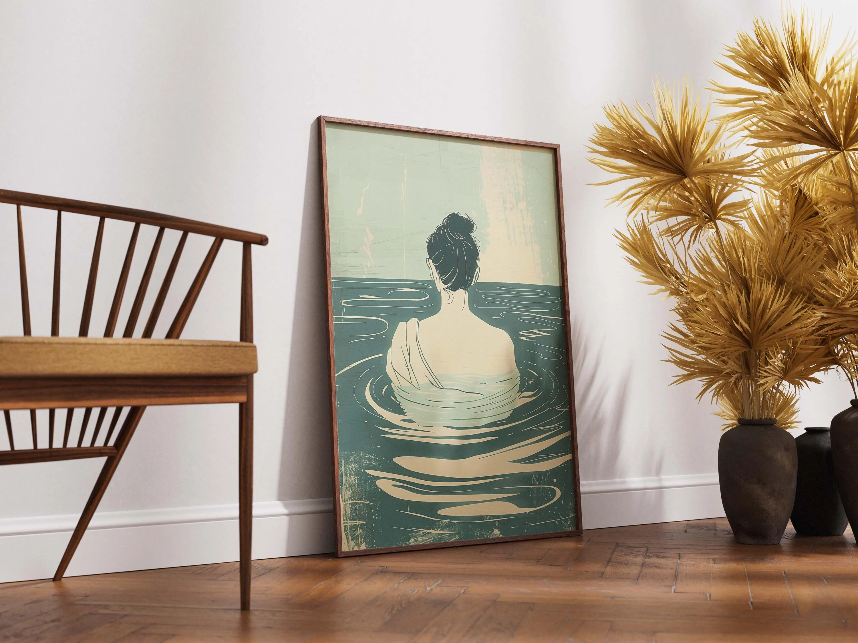 Sage Green Bathroom Wall Art, Minimalist Woman in Water Print, Teal Spa Decor, Modern Calm Poster, Serene Back View, Earthy Tone Art - image 4