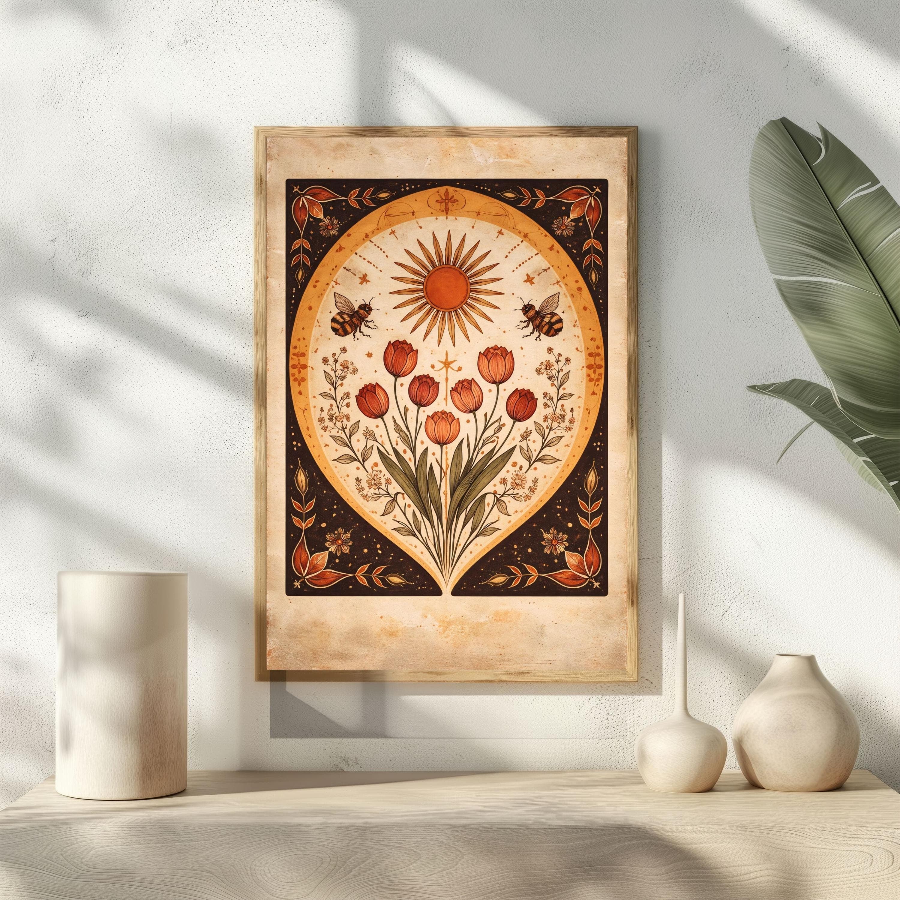 Whimsigoth Sun Wall Art, Vintage Tarot Card Poster, Red Tulip Bee Botanical Art