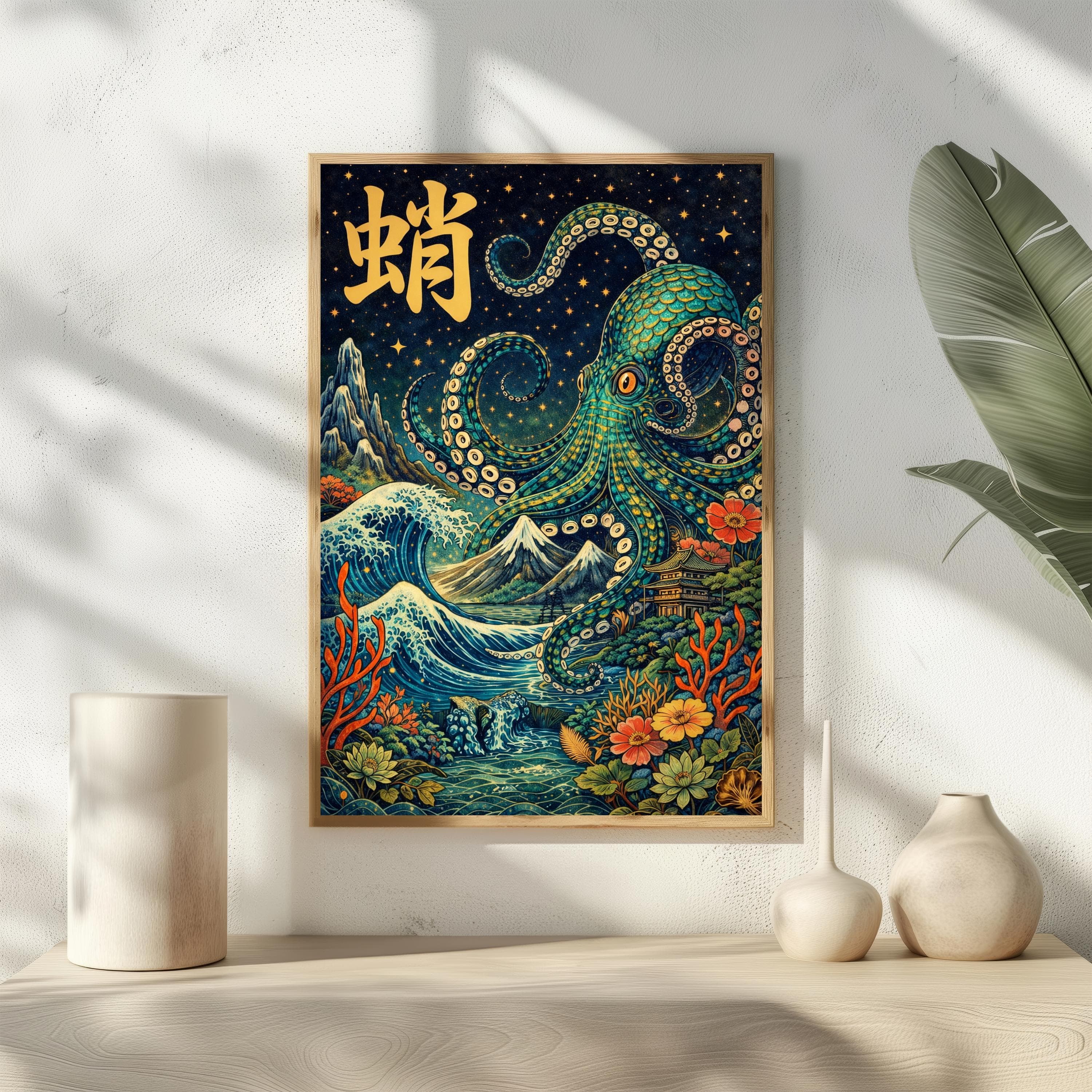 Celestial Octopus Art Print, Teal Ukiyo-e Sea Monster Poster, Starry Night Mount Fuji Decor