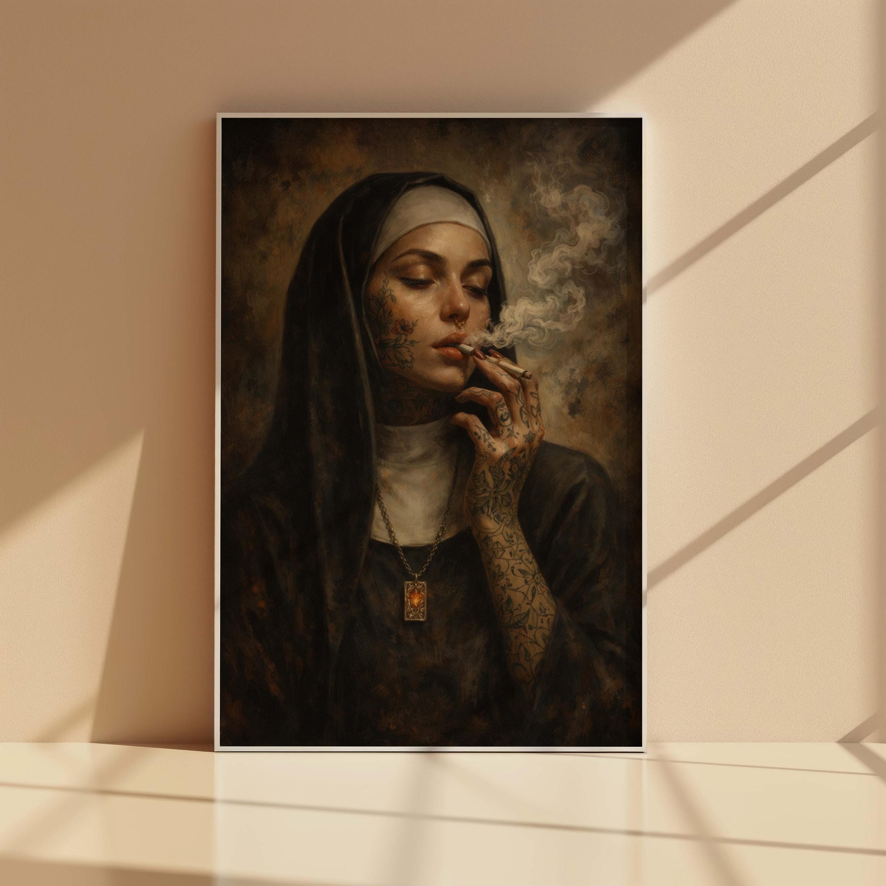 Tattooed Nun Smoking Print, Dark Academia Wall Art, Edgy Religious Poster, Gothic Oil Painting, Rebel Nun Portrait, Alternative Home Decor - image 3