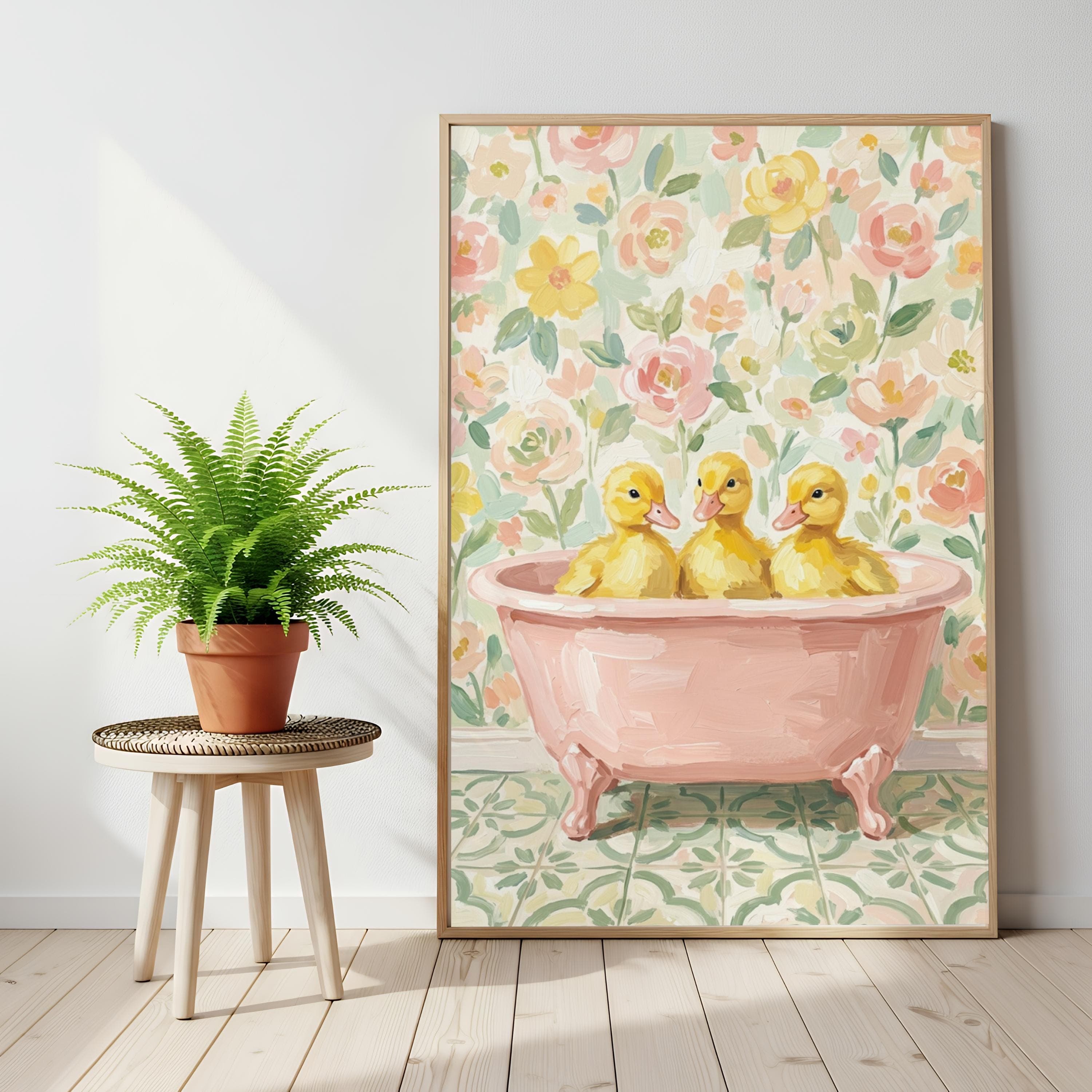 Ducklings In Pink Bathtub Print, Impressionist Bathroom Art, Funny Duck Poster - image 3