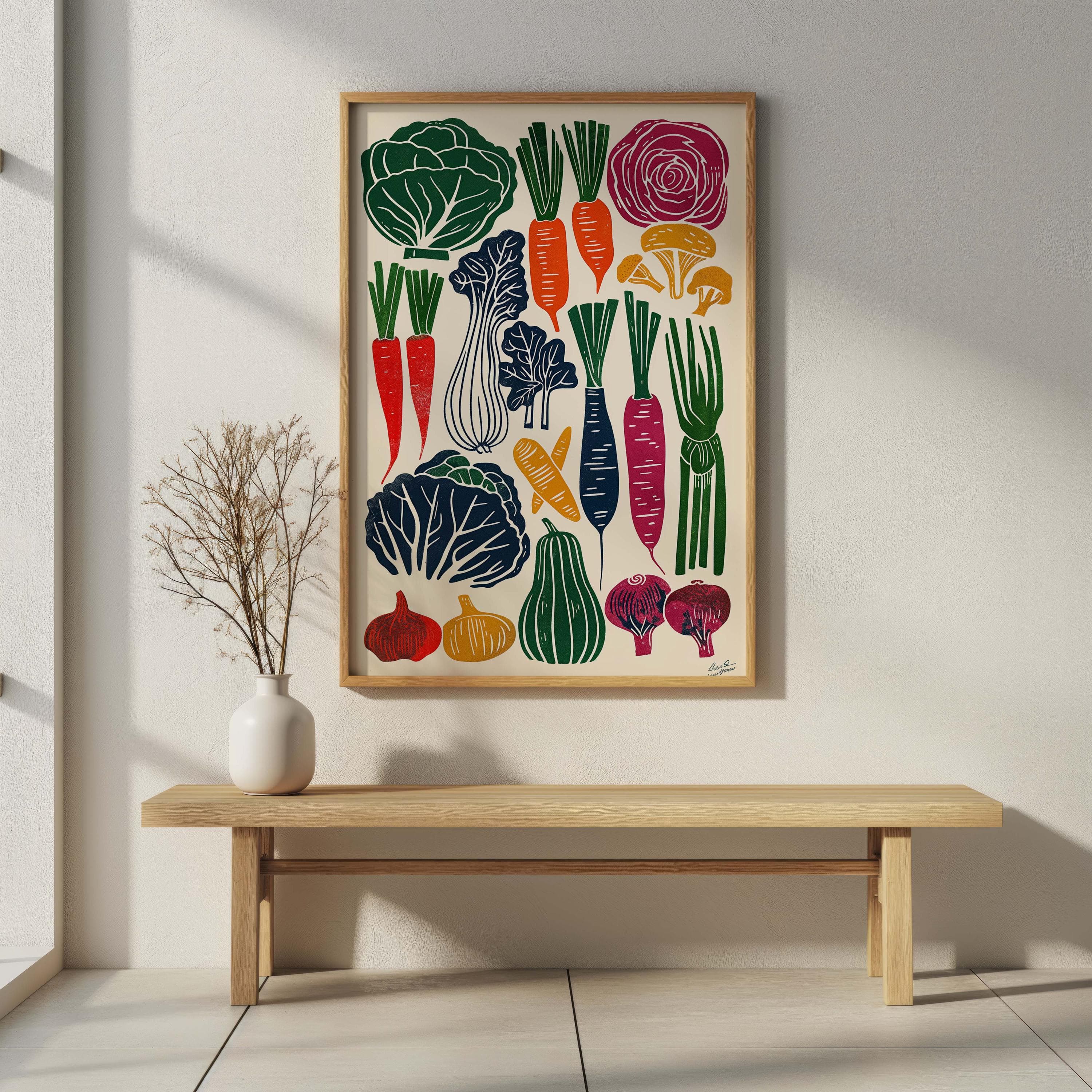 Root Vegetable Kitchen Art | Linocut Mushroom & Carrot Print | Rustic Farmers Market Poster | Autumn Harvest Decor | Vegan Cooking Gift - image 4