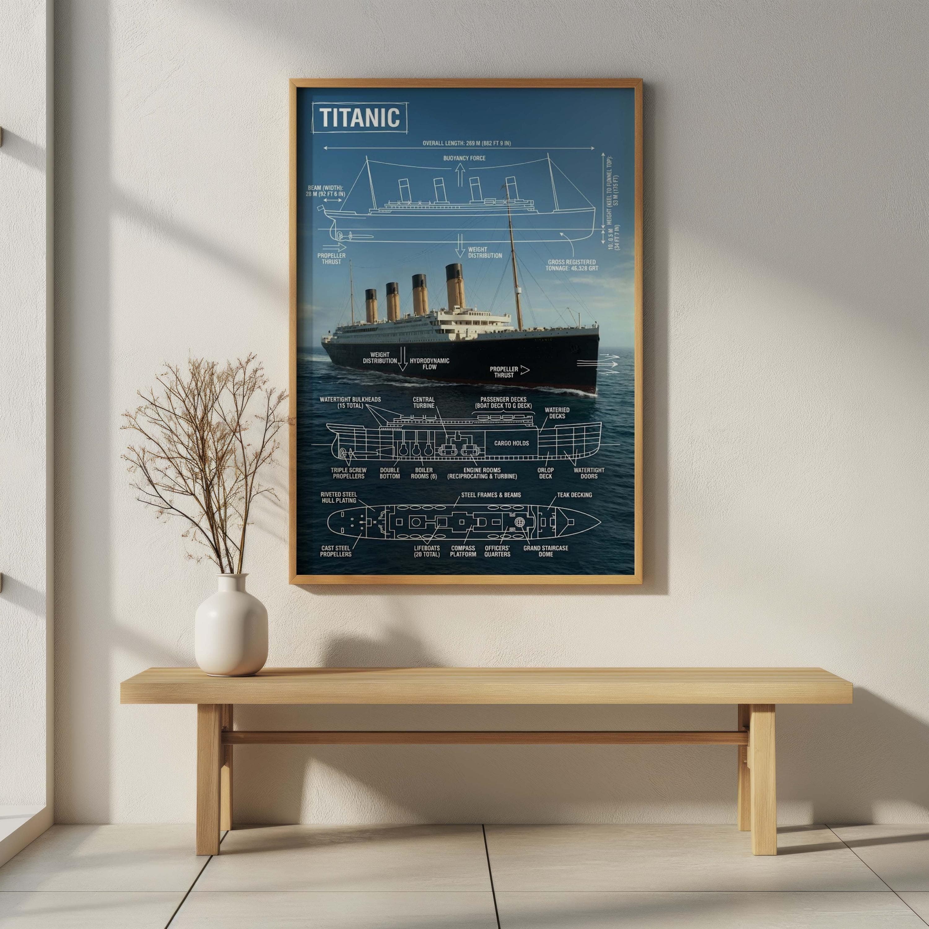 Titanic Ship Diagram Wall Art, RMS Titanic Infographic Poster, Naval Architecture Print, Maritime Engineering Decor, Modern Ship Blueprint - image 5