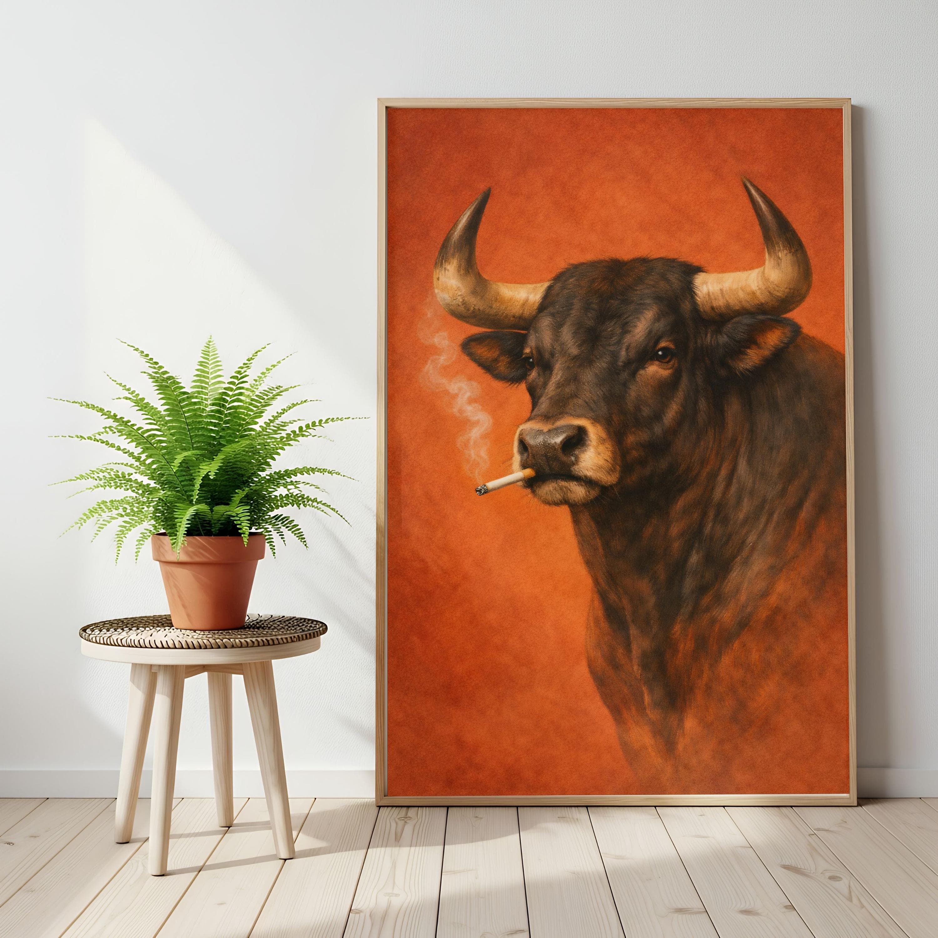 Smoking Bull Poster, Funny Cow Print, Man Cave Decor, Weirdcore Wall Art - image 3