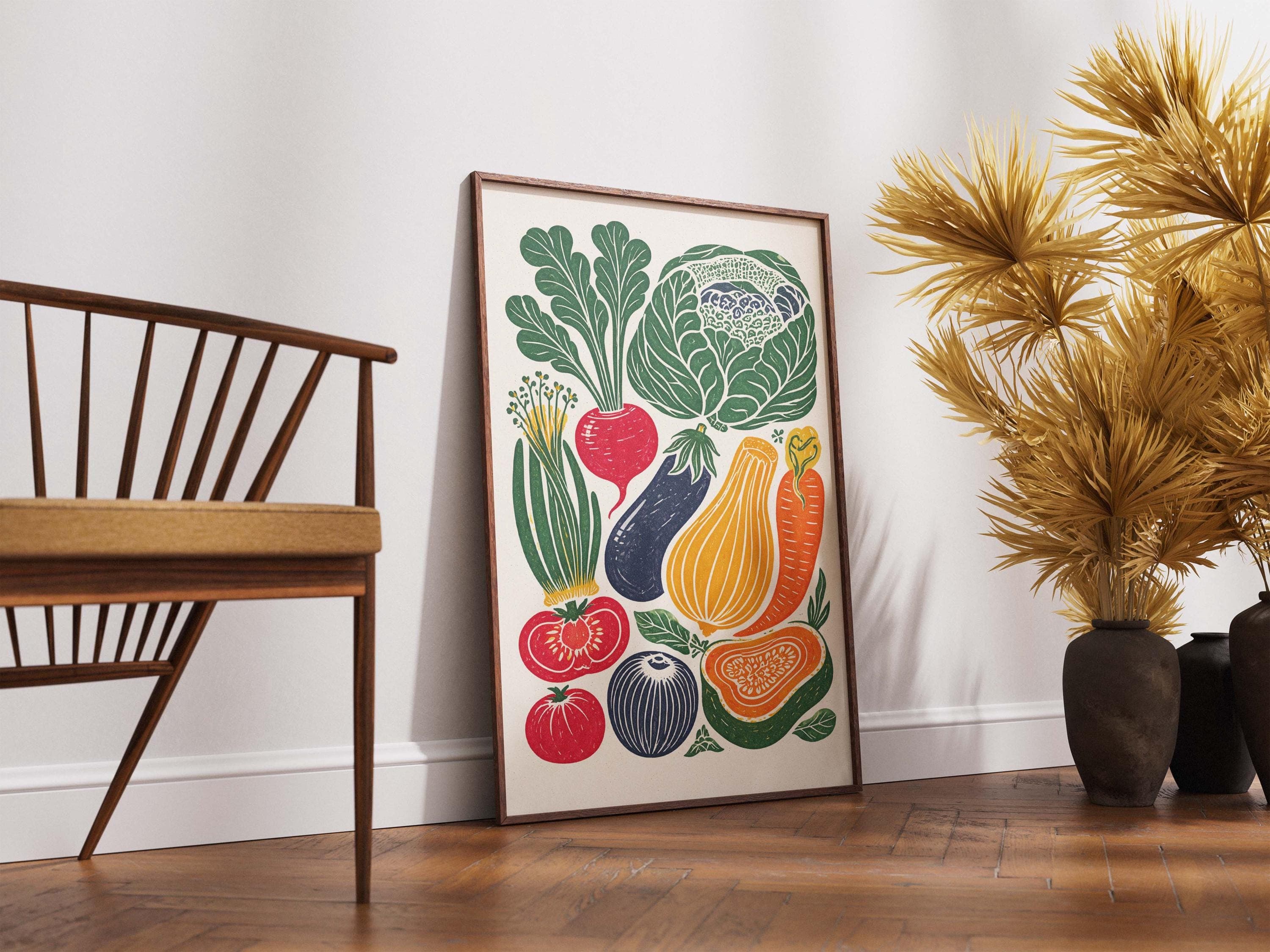 Vegetable Kitchen Wall Art | Linocut Style Farmers Market Print | Colorful Veggie Poster | Rustic Farmhouse Decor | Vegan Foodie Gift - image 5