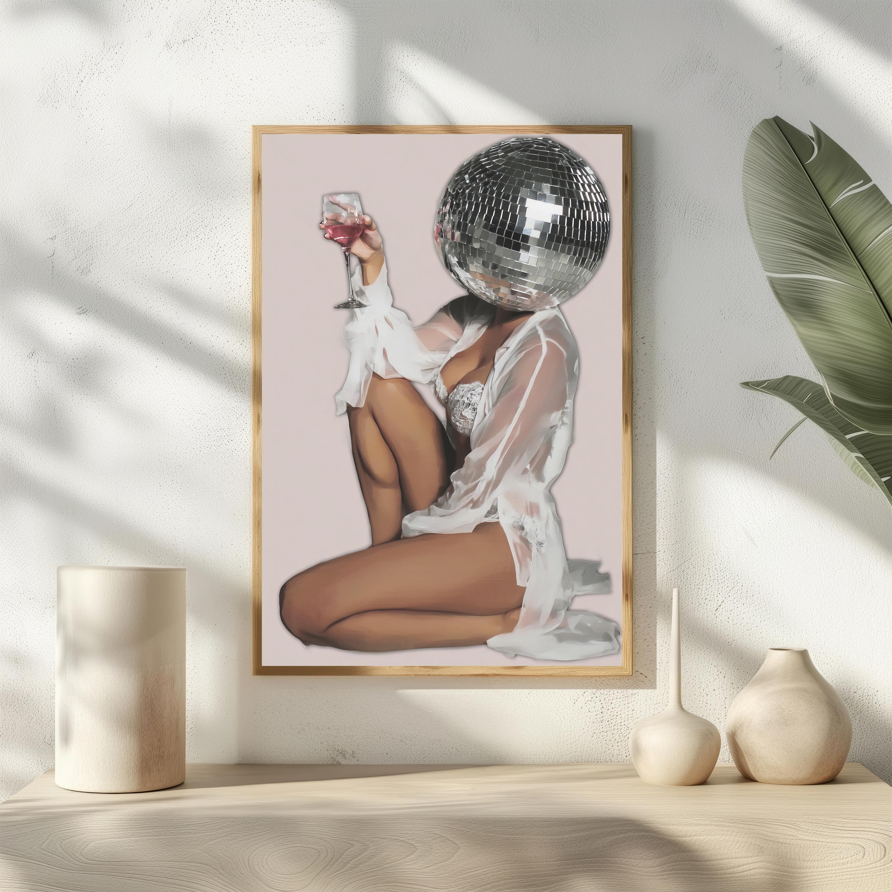 Disco Ball Head Poster, Funky Woman Wine Print, Retro Party Bar Cart Decor