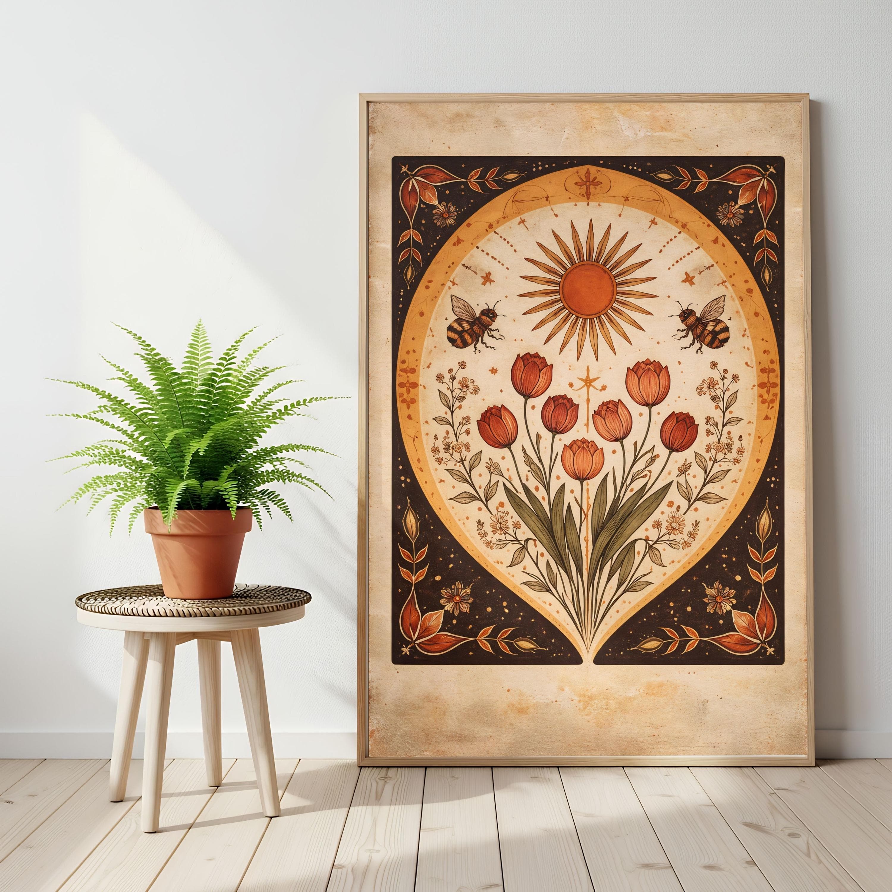 Whimsigoth Sun Wall Art, Vintage Tarot Card Poster, Red Tulip Bee Botanical Art - image 3