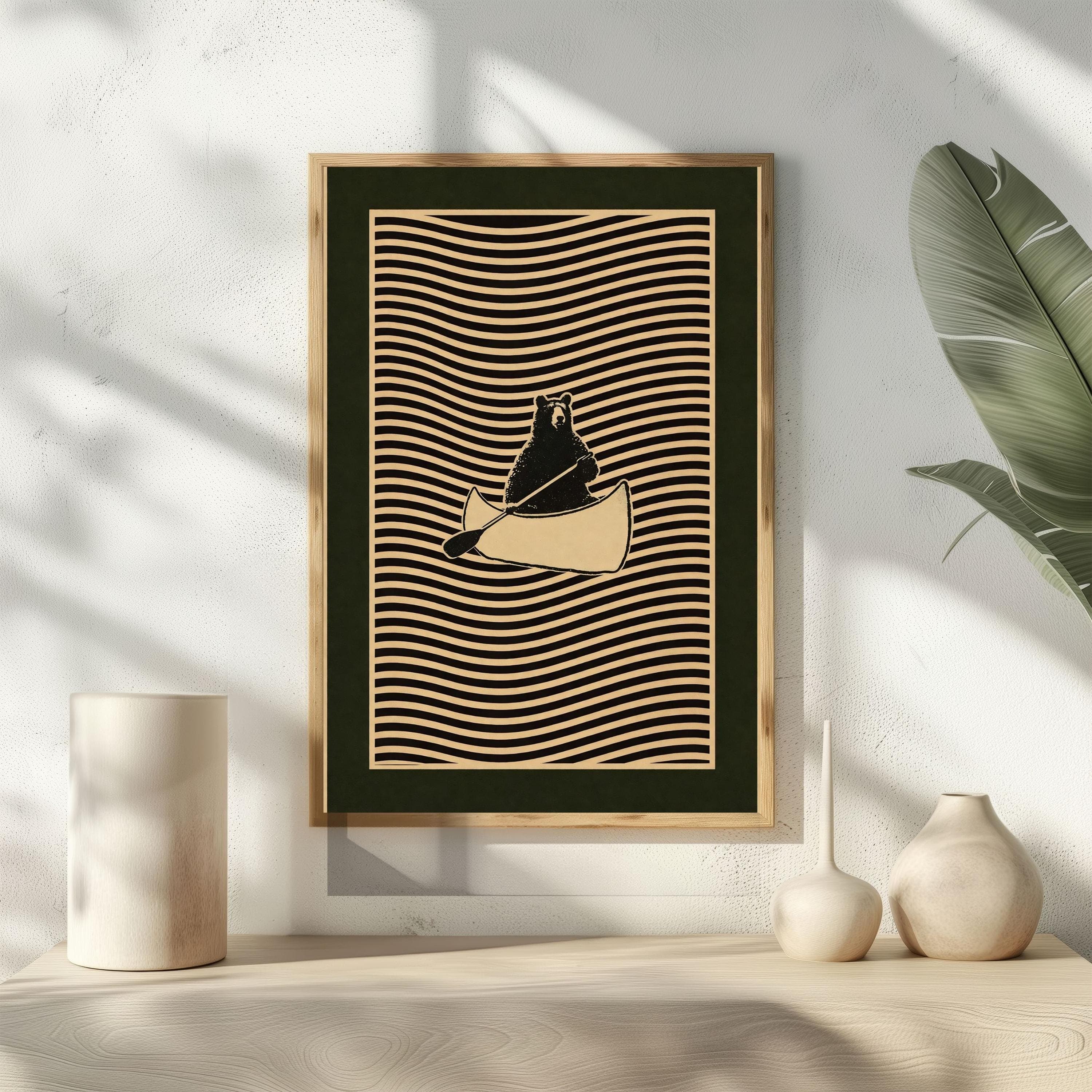Linocut Bear Print, Canoe Surrealist Wall Art, Dark Green Border Poster