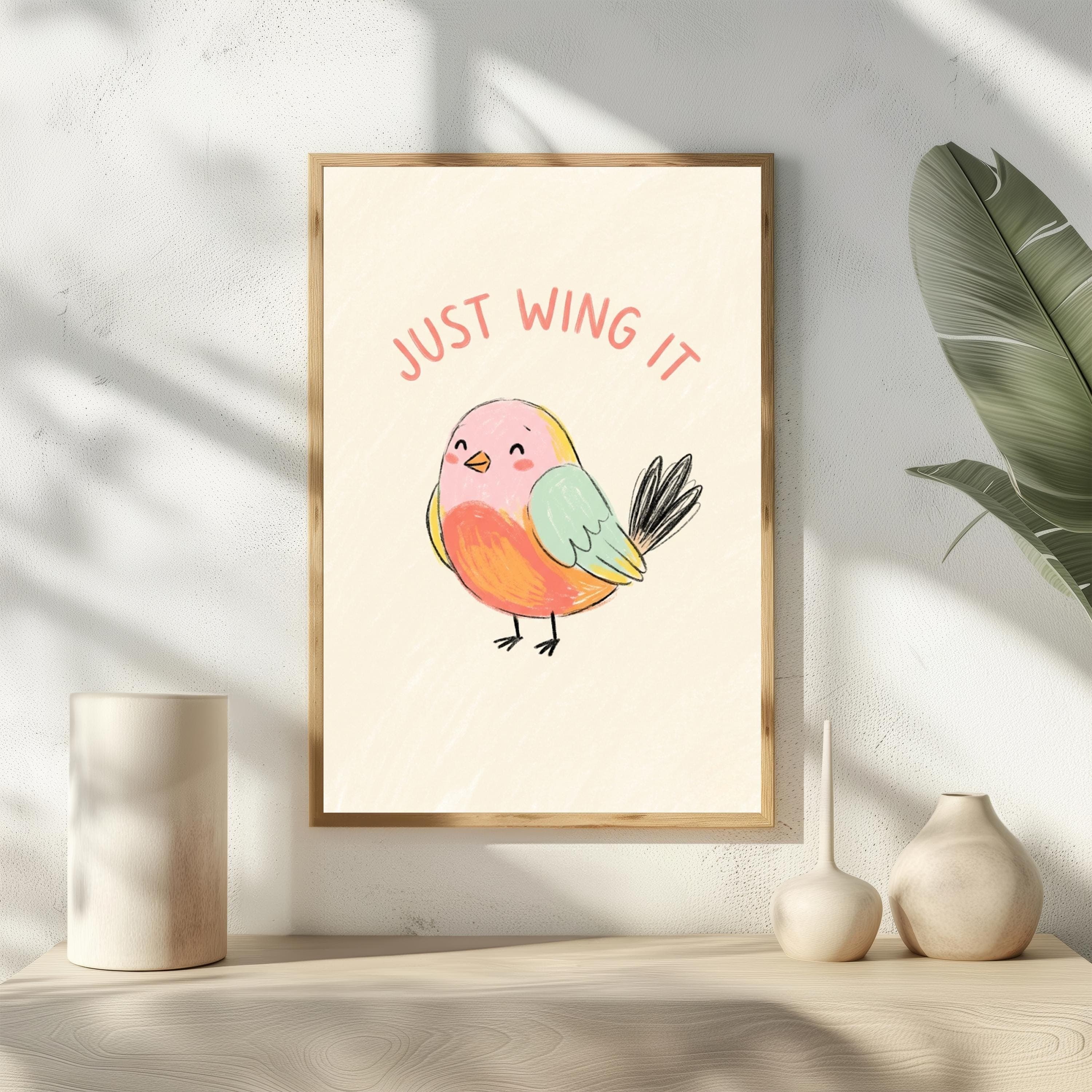 Just Wing It Print, Funny Motivational Poster, Cute Bird Nursery Art, Kawaii Decor