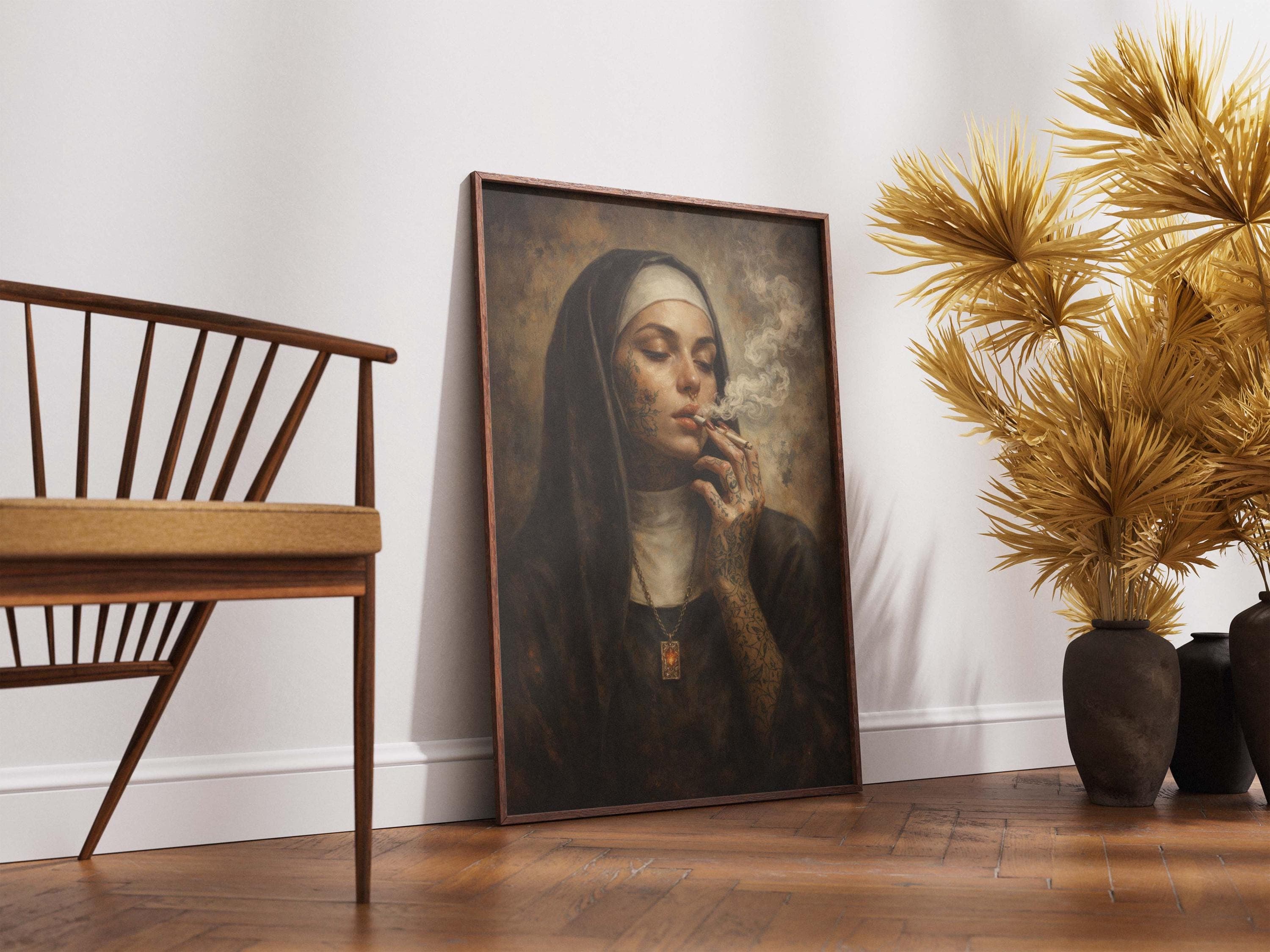 Tattooed Nun Smoking Print, Dark Academia Wall Art, Edgy Religious Poster, Gothic Oil Painting, Rebel Nun Portrait, Alternative Home Decor - image 4