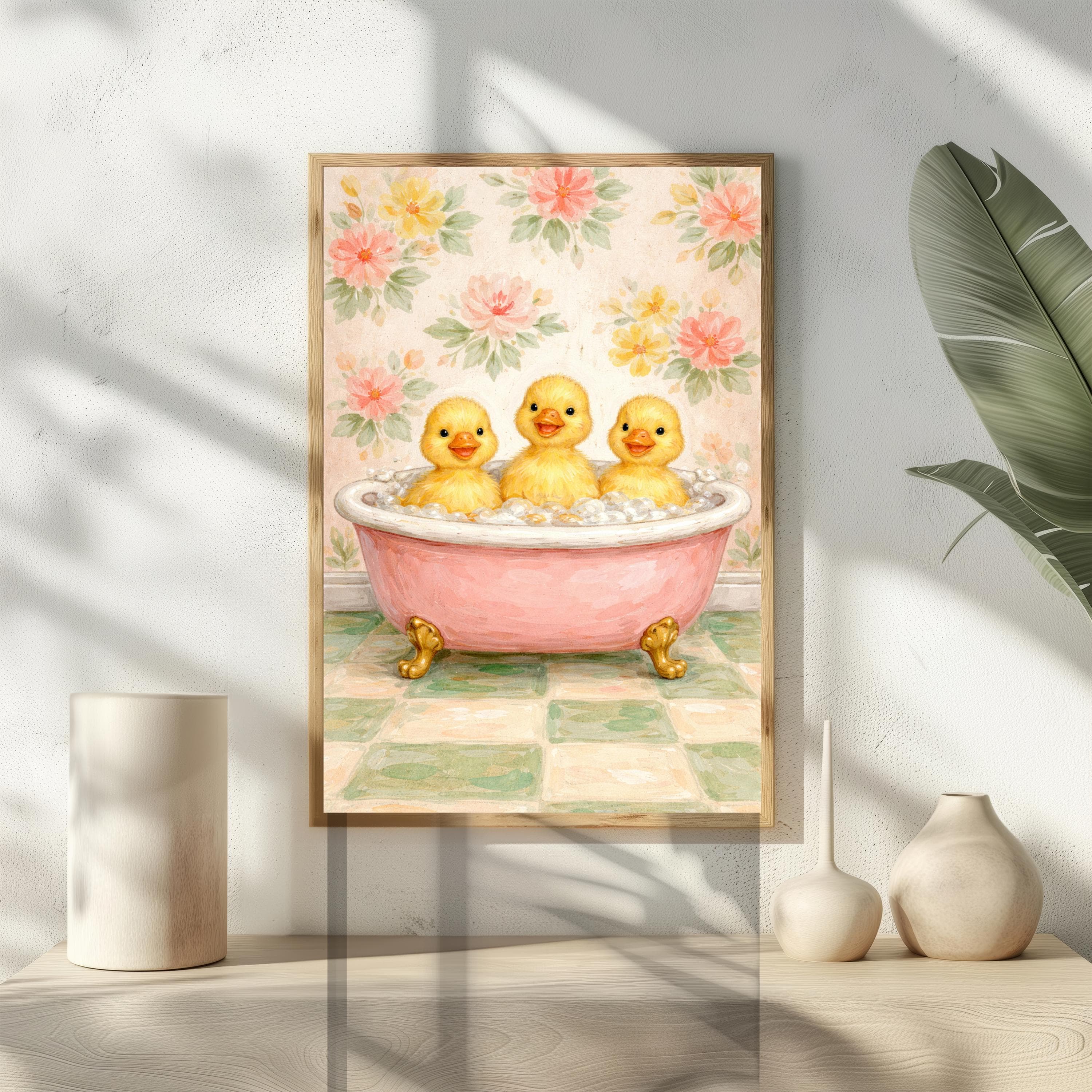 Cute Bathroom Ducks Art, Ducklings In Pink Bathtub, Funny Impressionist Poster