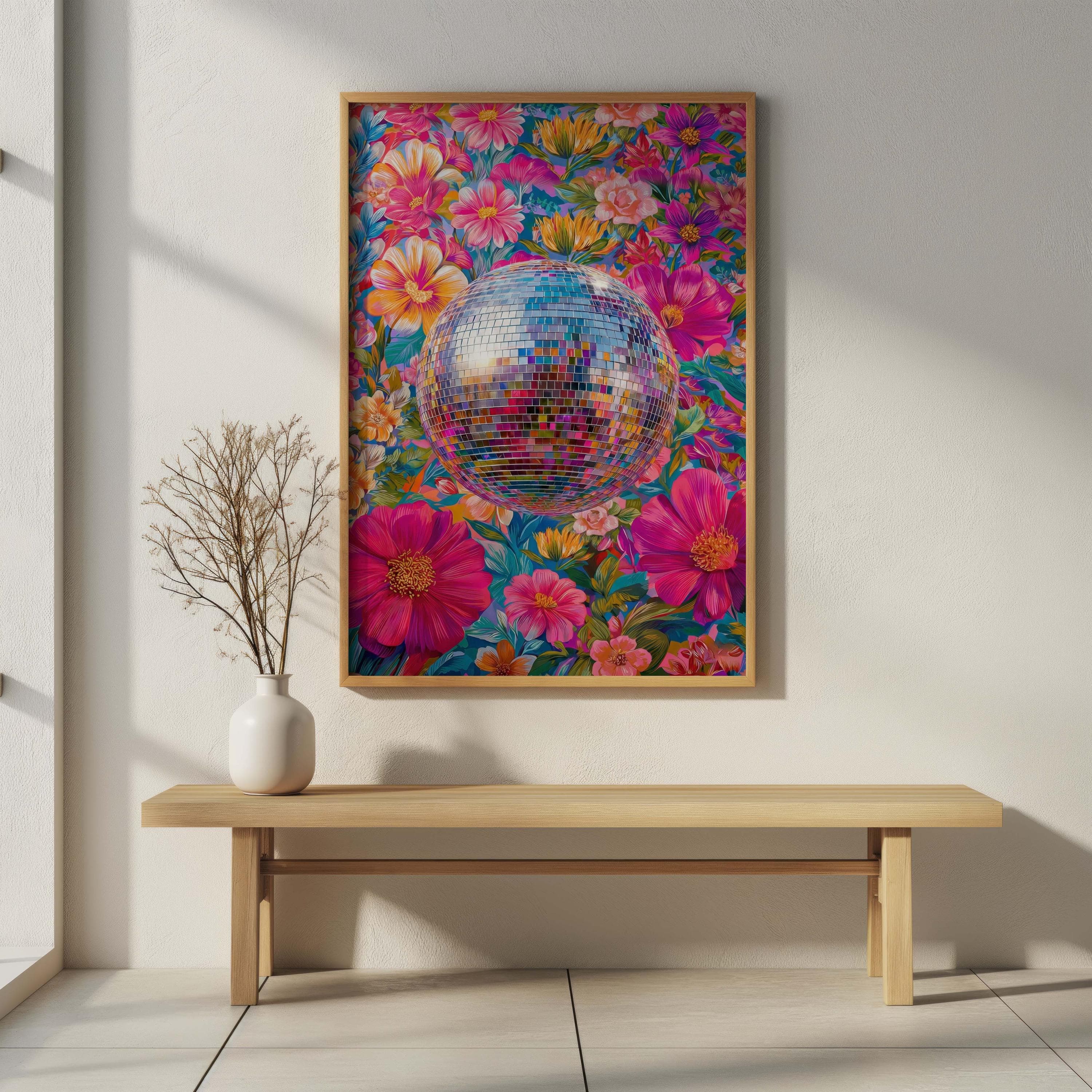 Disco Ball Poster, Maximalist Floral Wall Art, Hot Pink Dopamine Decor, 70s Print - image 4