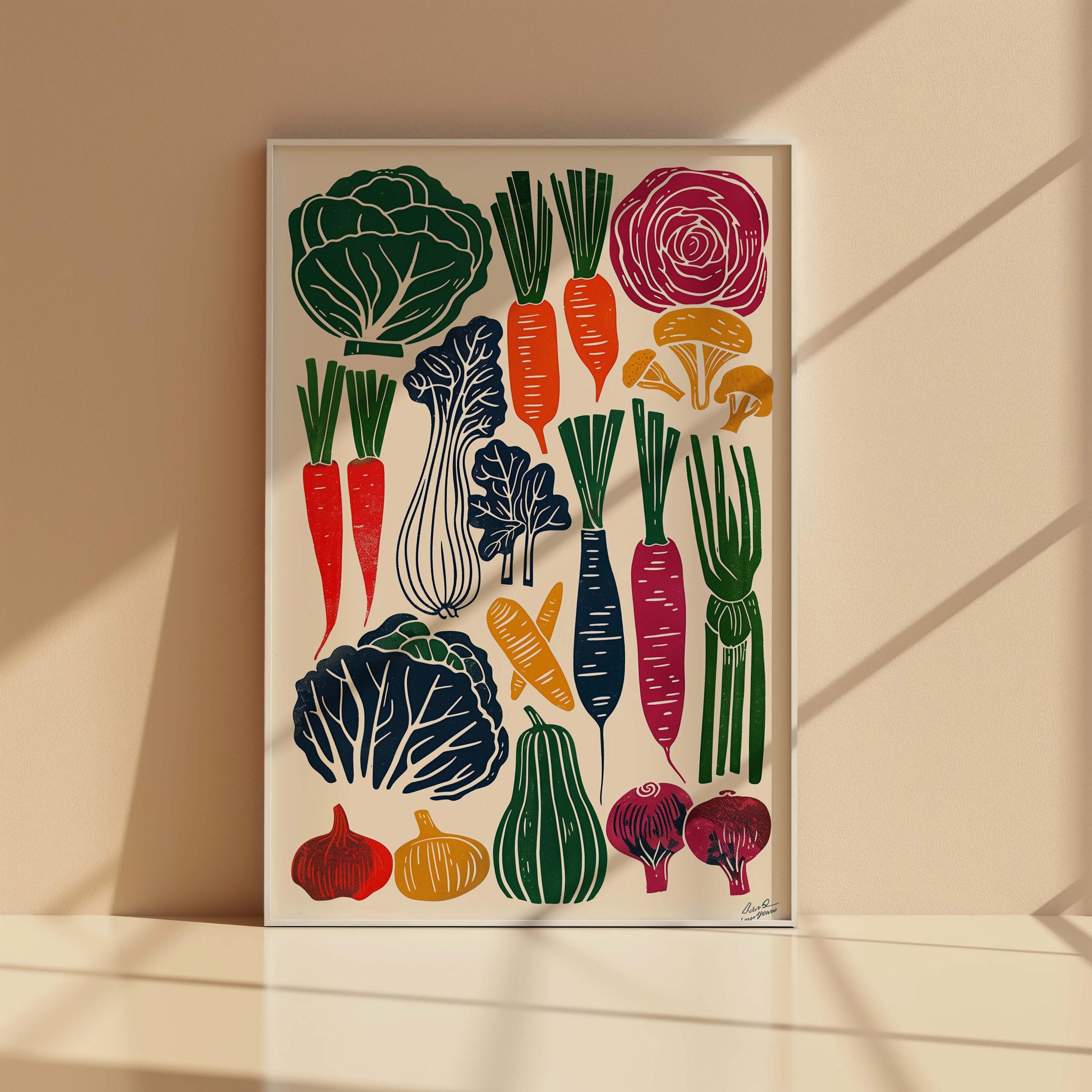 Root Vegetable Kitchen Art | Linocut Mushroom & Carrot Print | Rustic Farmers Market Poster | Autumn Harvest Decor | Vegan Cooking Gift - image 3