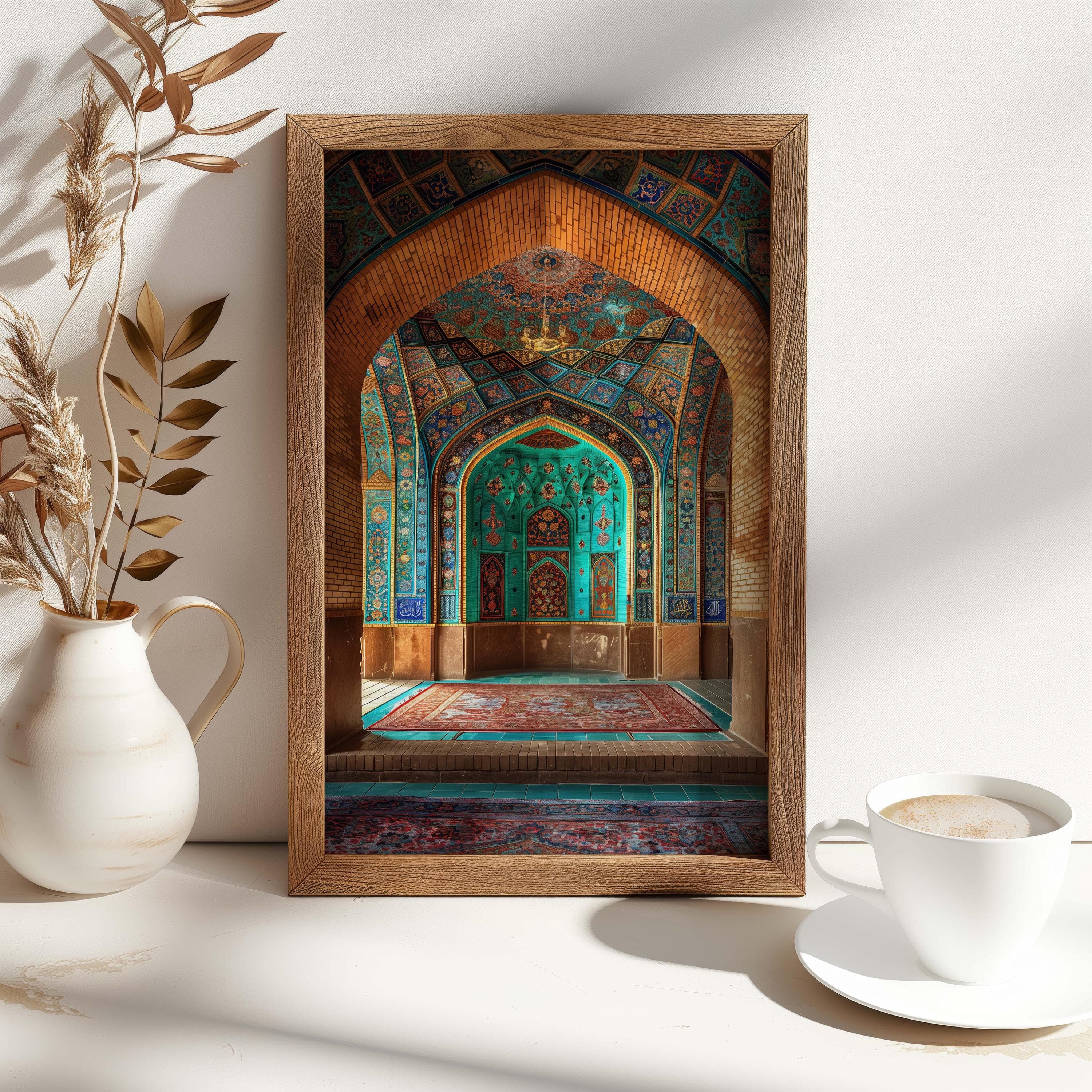 Islamic Prayer Room Wall Art | Turquoise Mihrab Arch Interior | Mosque Architecture Photography Print with Prayer Rug Decor - image 5