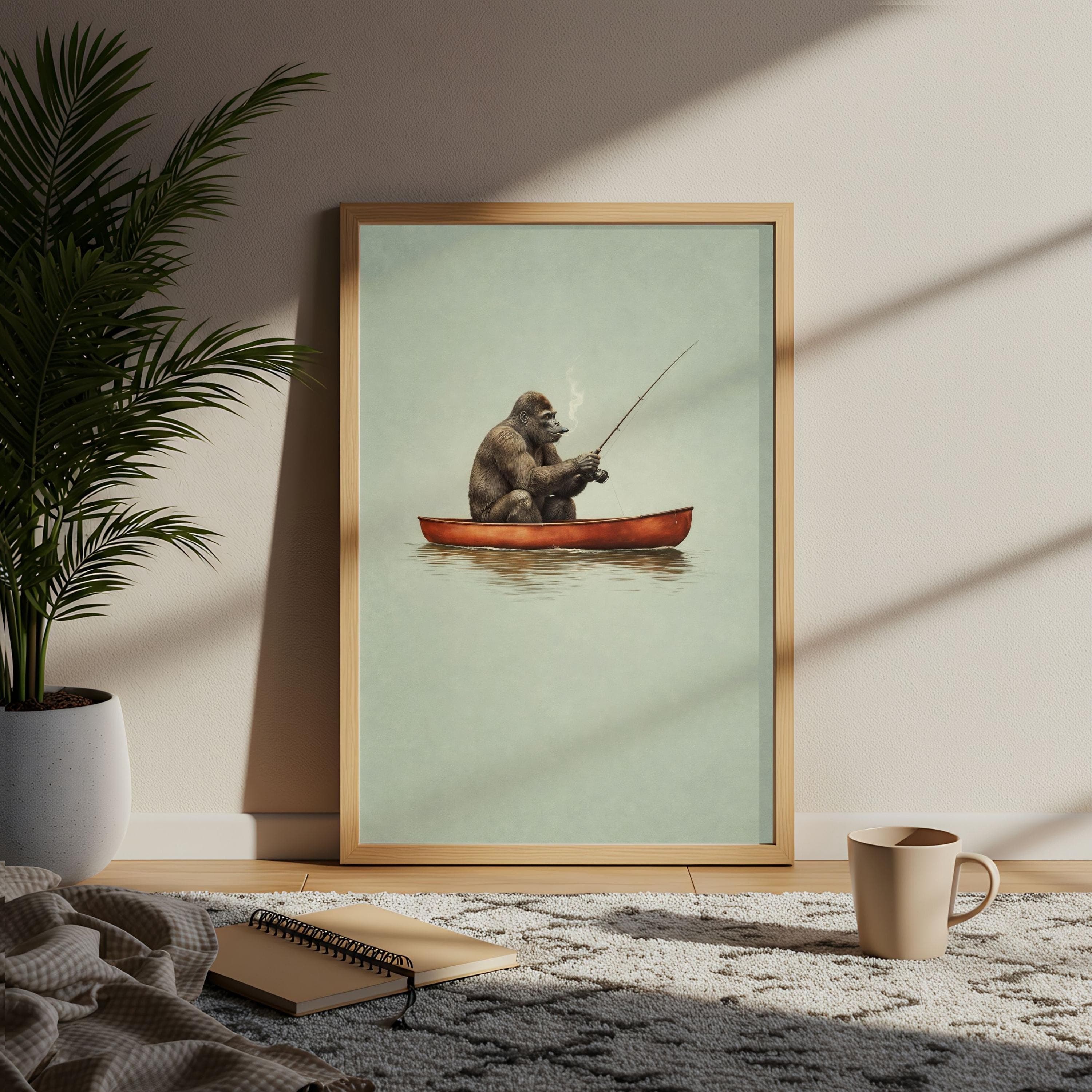 Gorilla Fishing Poster, Whimsical Canoe Print, Smoking Pipe Art, Sage Green - image 5