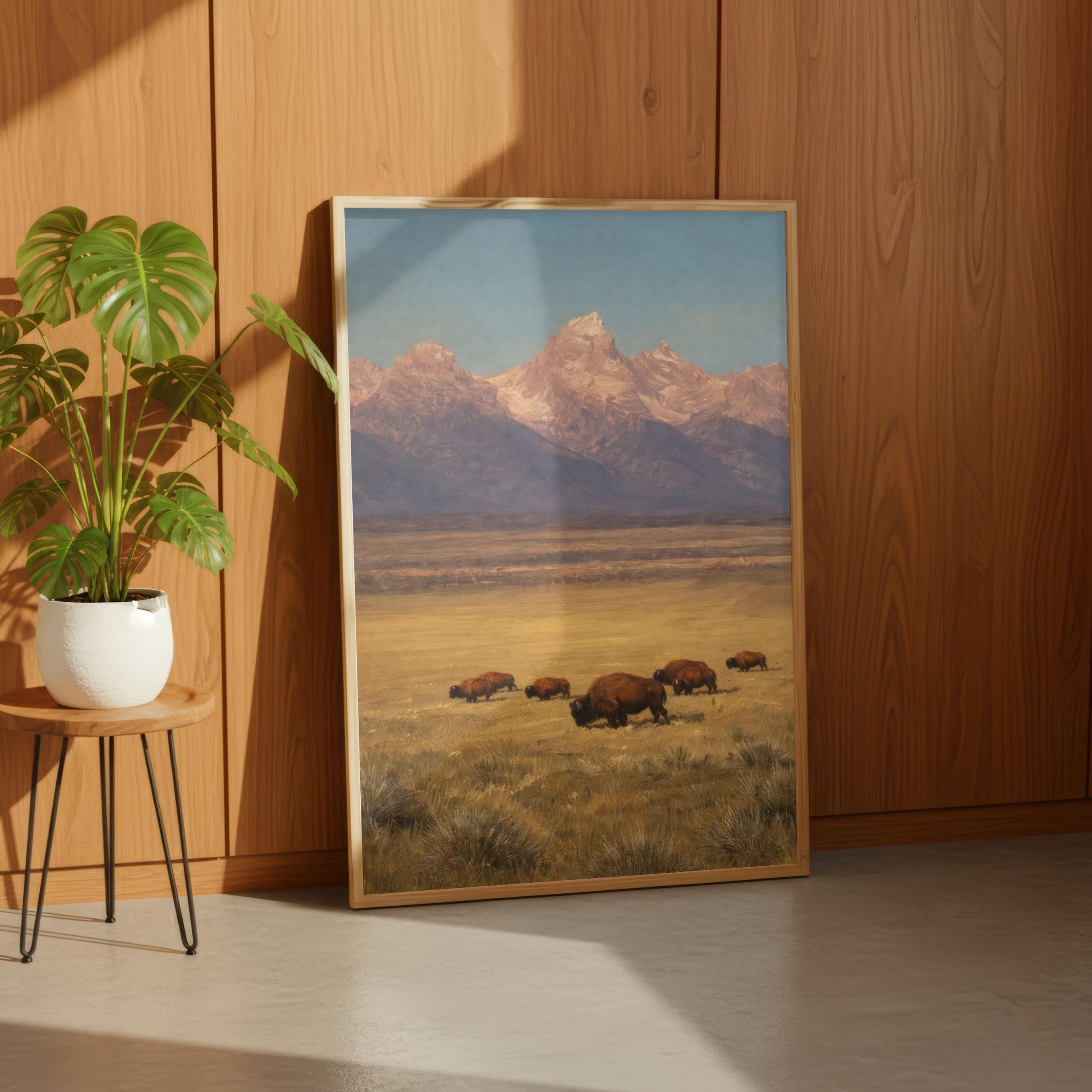 Vintage Western Bison Poster, Grand Teton Oil Painting, Prairie Landscape Art - image 5