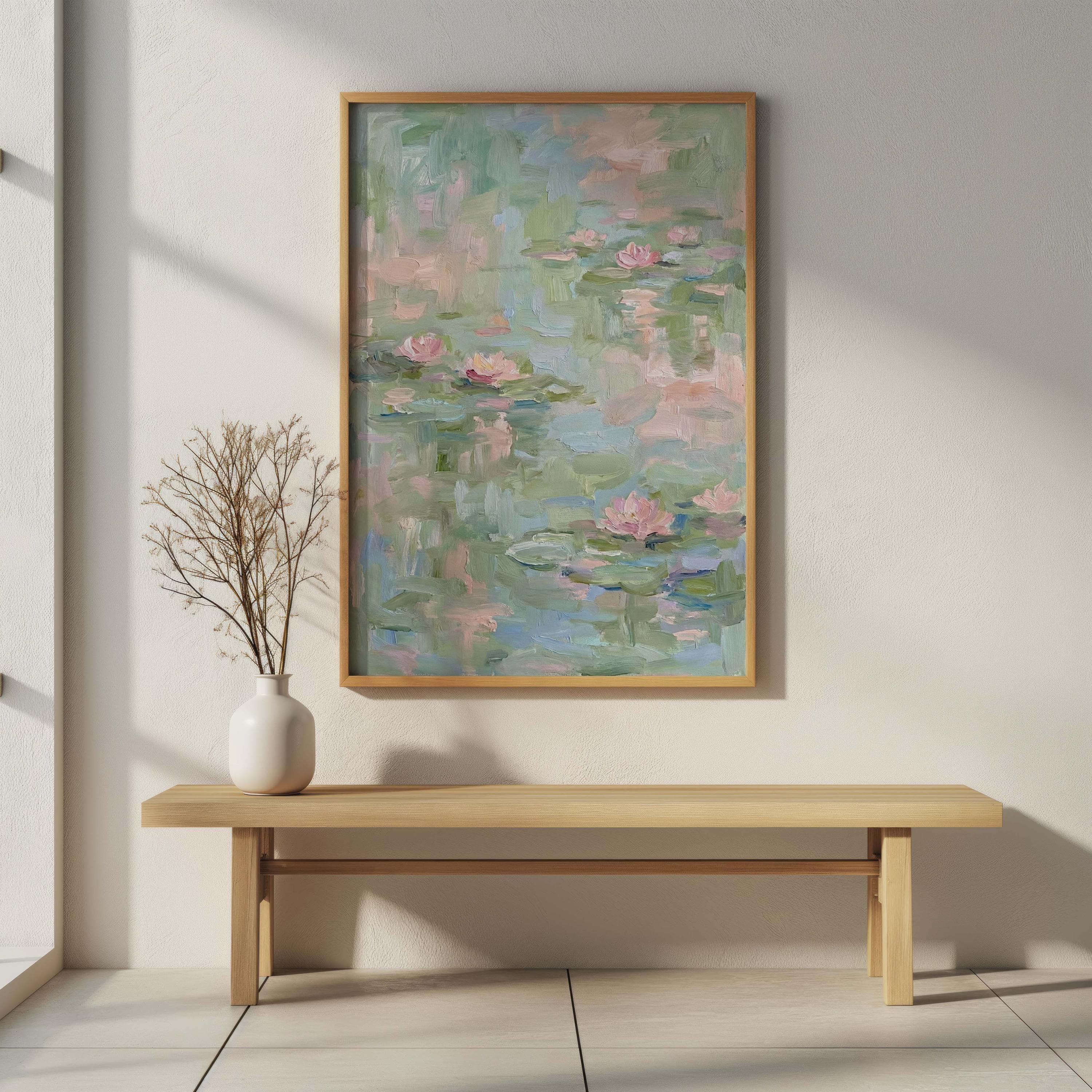 Abstract Water Lily Pond Print, Sage Green and Pink Wall Art, Textured Impasto Oil Painting, Modern Floral Poster, Pastel Nursery Decor - image 5