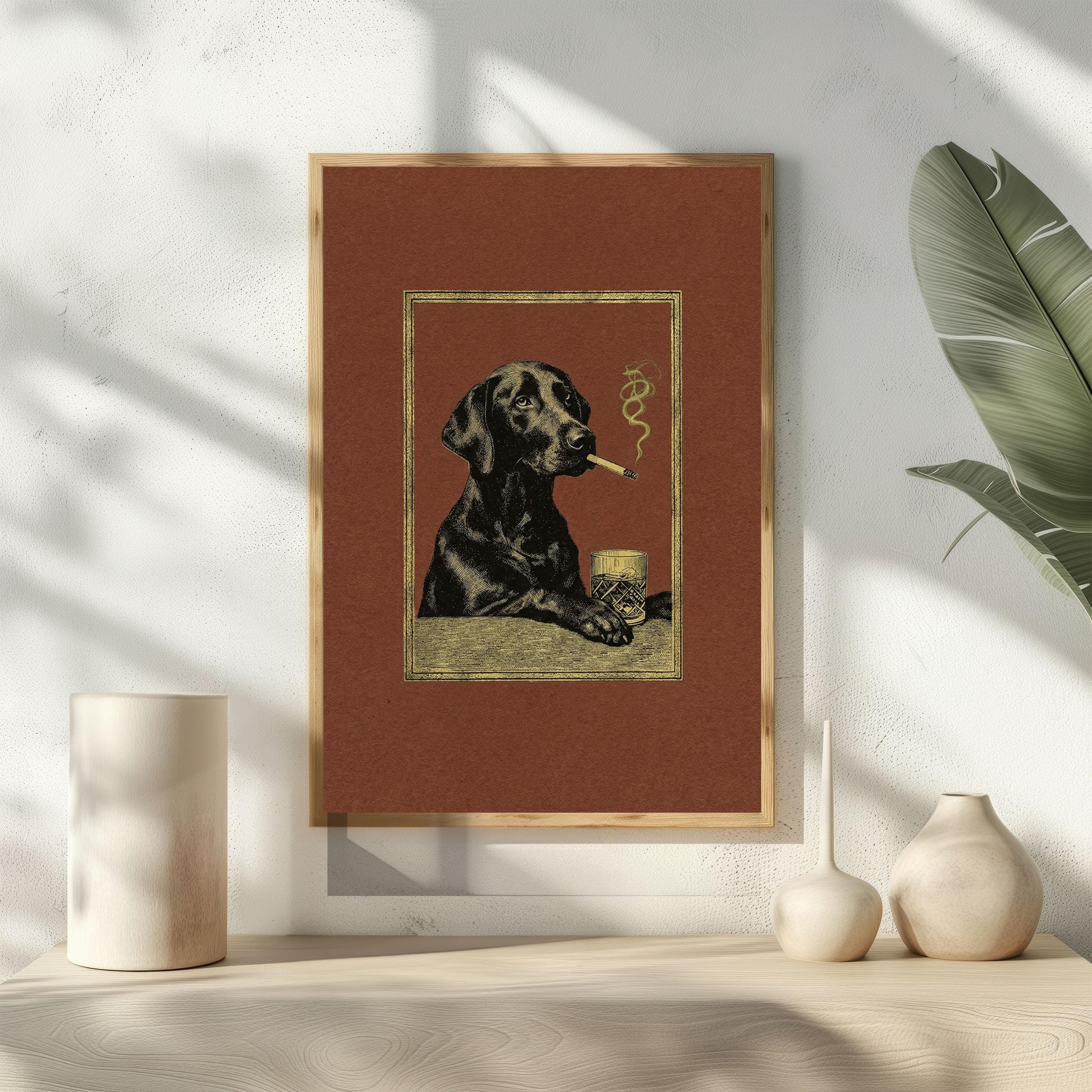 Black Lab Whiskey Poster, Dog Smoking Cigar Art, Vintage Bar Cart Wall Decor