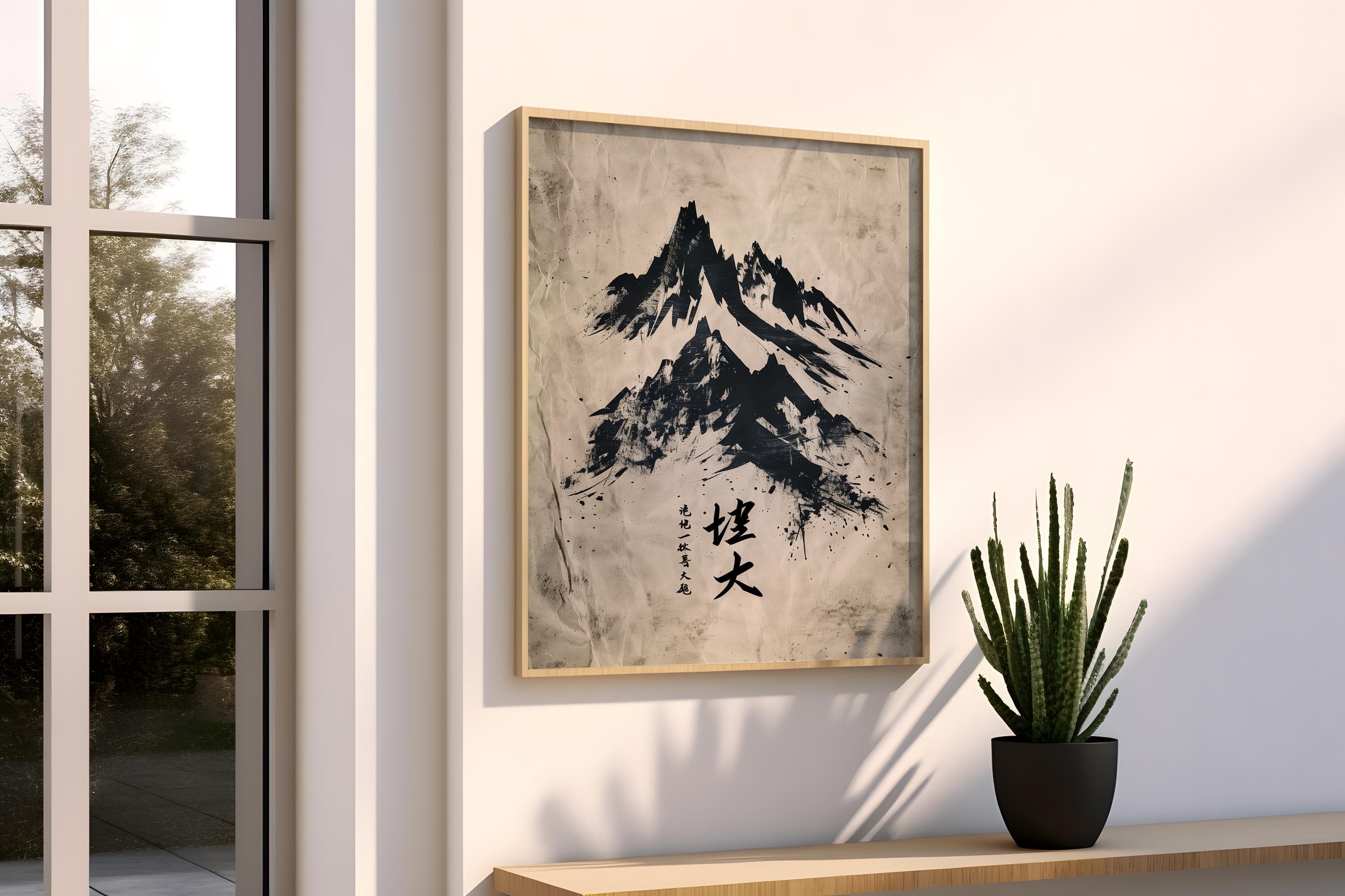 Sumi-e Mountain Landscape Print, Dark Academia Ink Wash Poster, Asian Calligraphy Wall Decor - image 3
