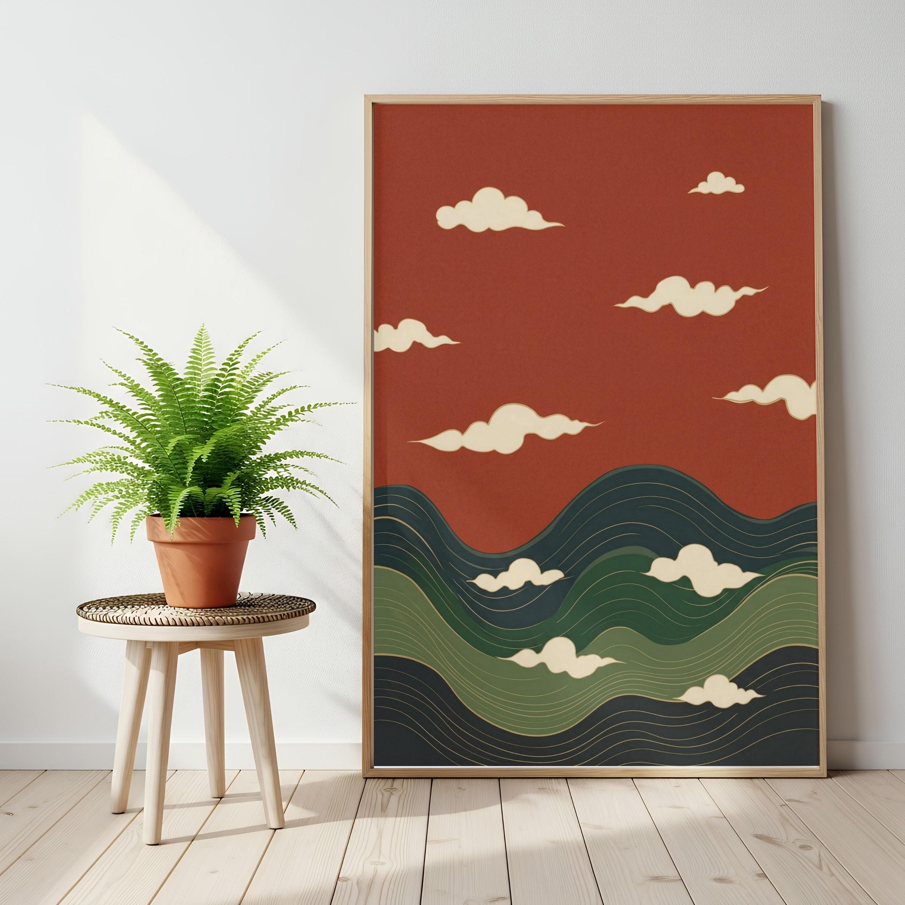 Japanese Cloud Poster, Abstract Wavy Hills, Terracotta Red Zen Landscape Art - image 3