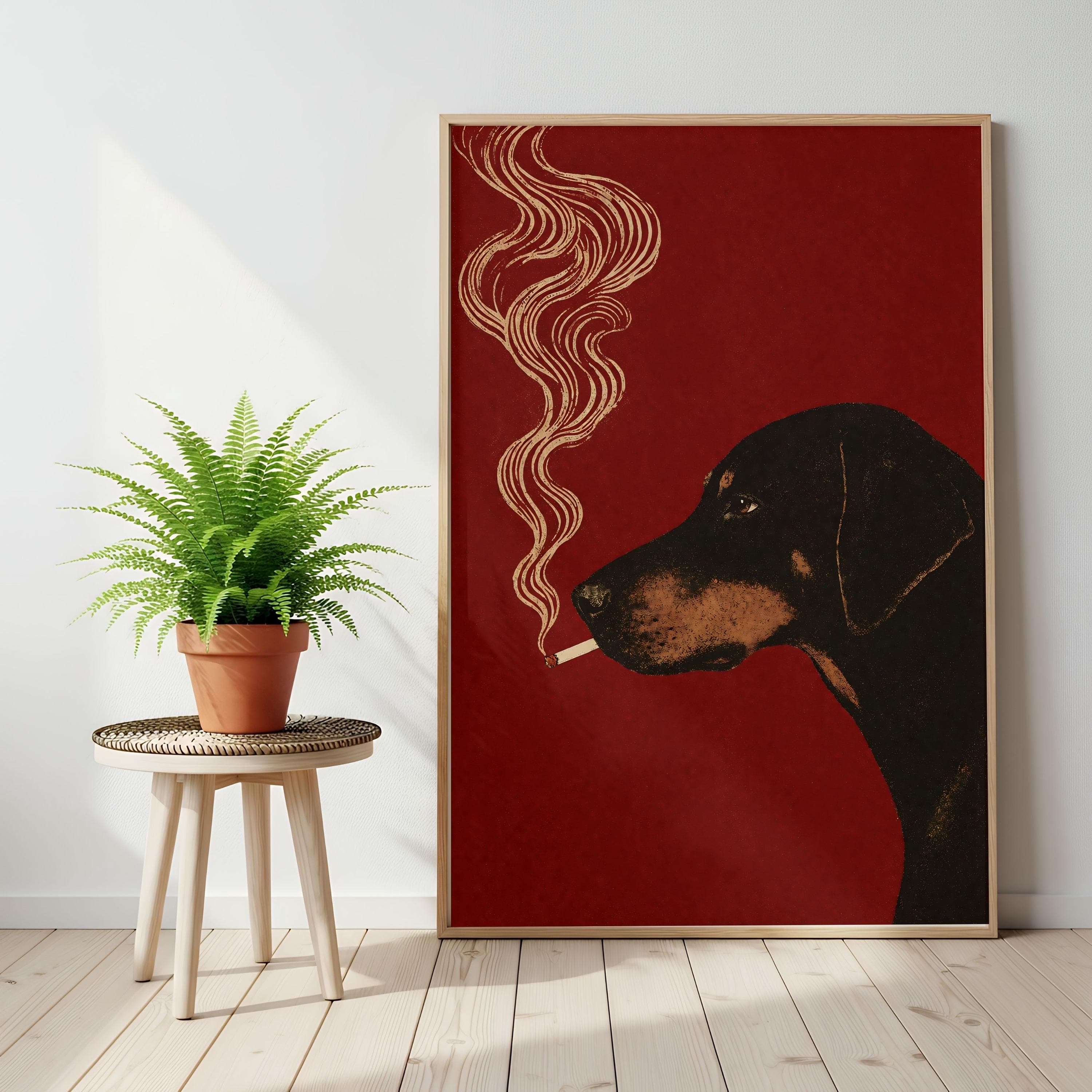 Doberman Smoking Print, Funny Bar Cart Dog Wall Art, Dark Academia Animal Portrait - image 3