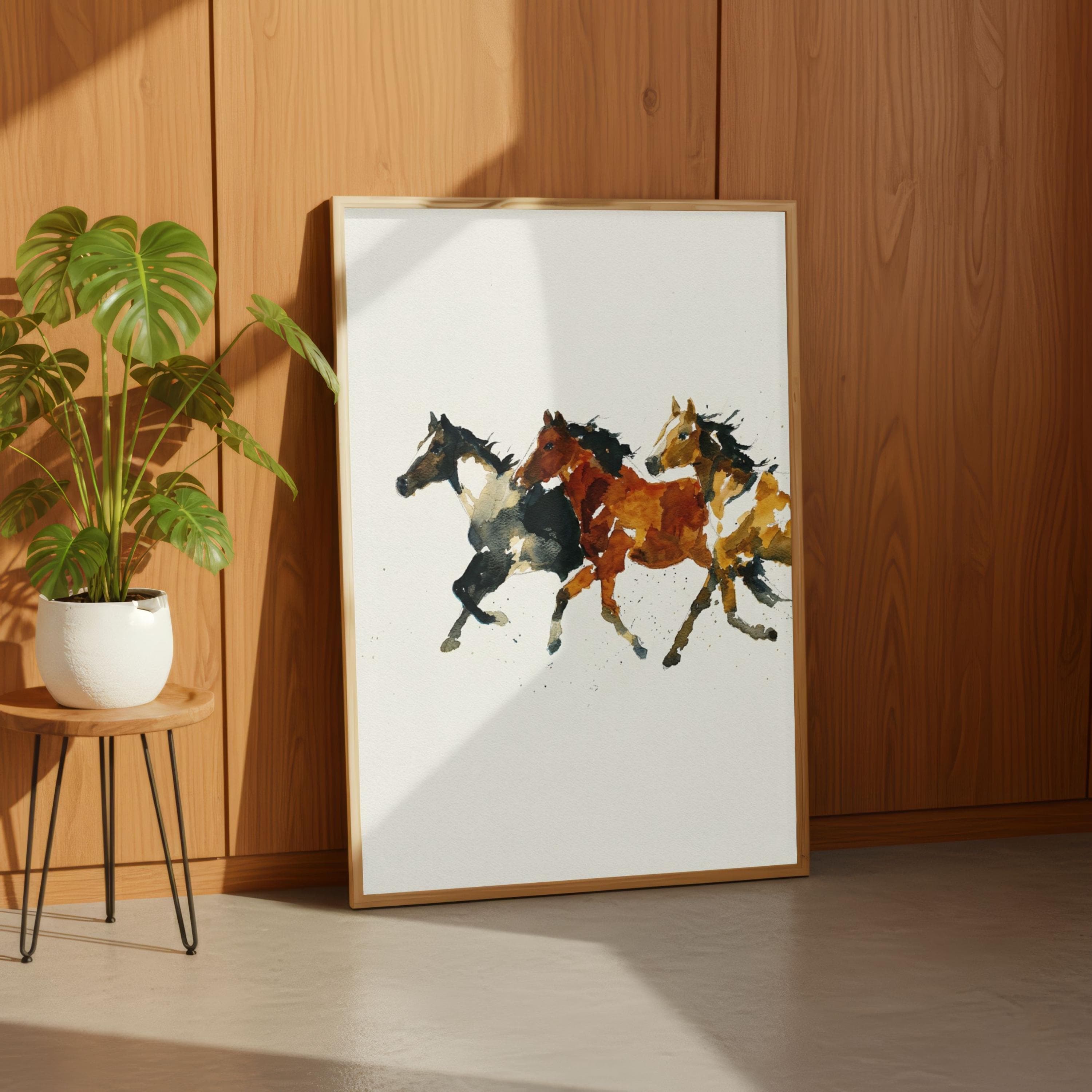 Minimalist Horse Watercolor Print, Modern Farmhouse Equestrian Art, Running Horses - image 4
