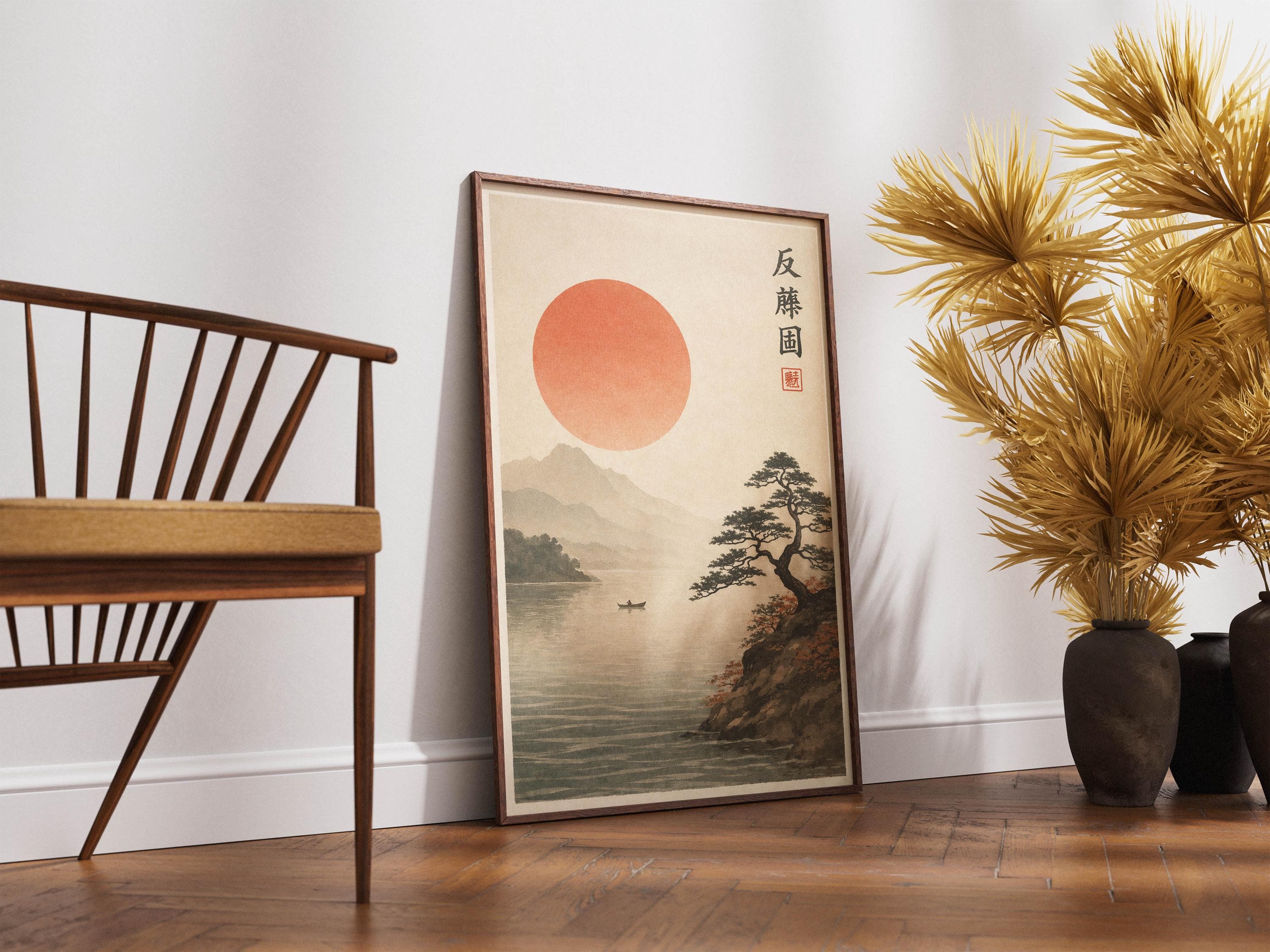 Japanese Landscape Wall Art, Red Sun and Pine Tree Print, Zen Mountain Lake Poster, Minimalist Ukiyo-e Style, Japandi Nature Decor - image 4
