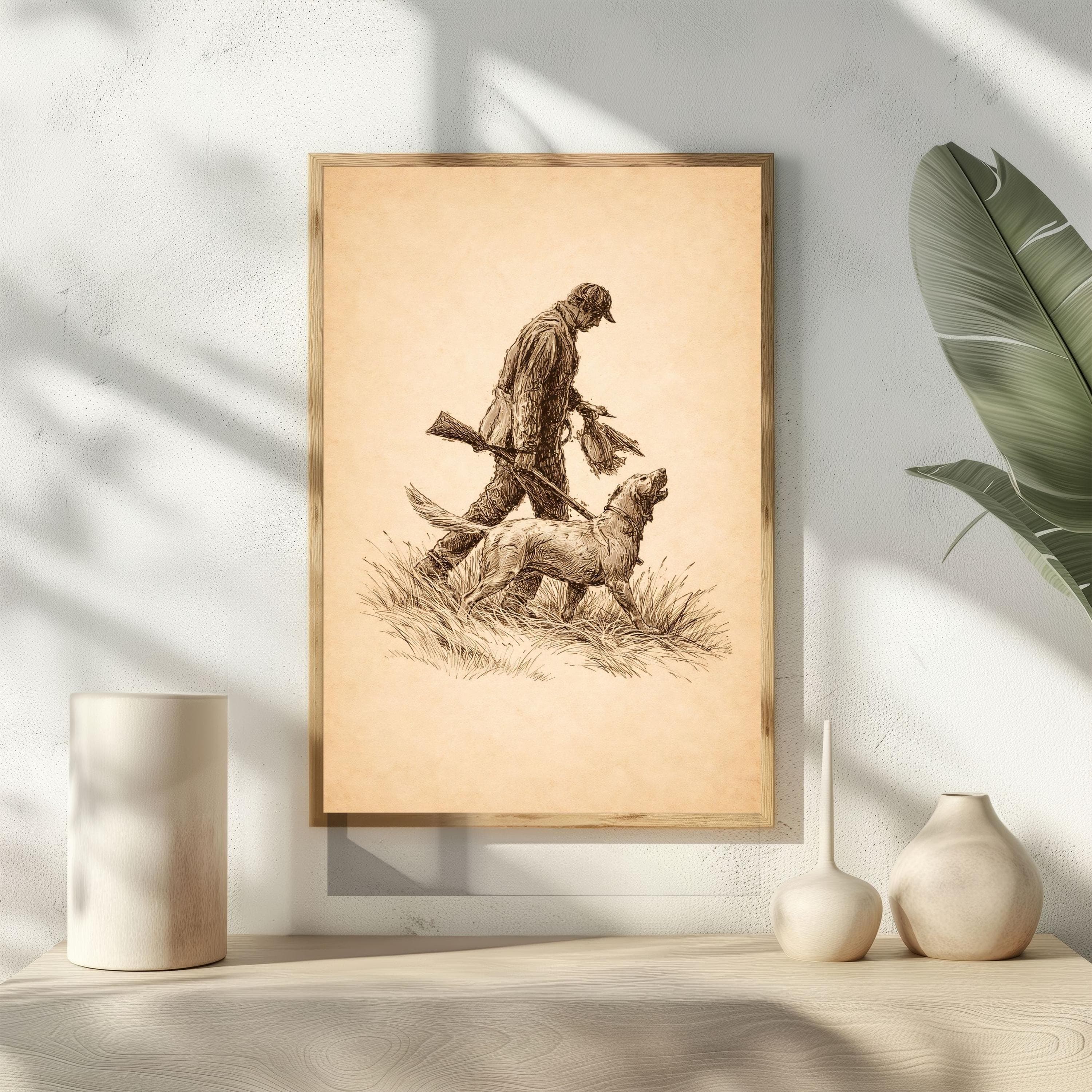 Duck Hunter Poster, Vintage Hunting Dog Sketch, Sepia Labrador Art, Cabin Decor