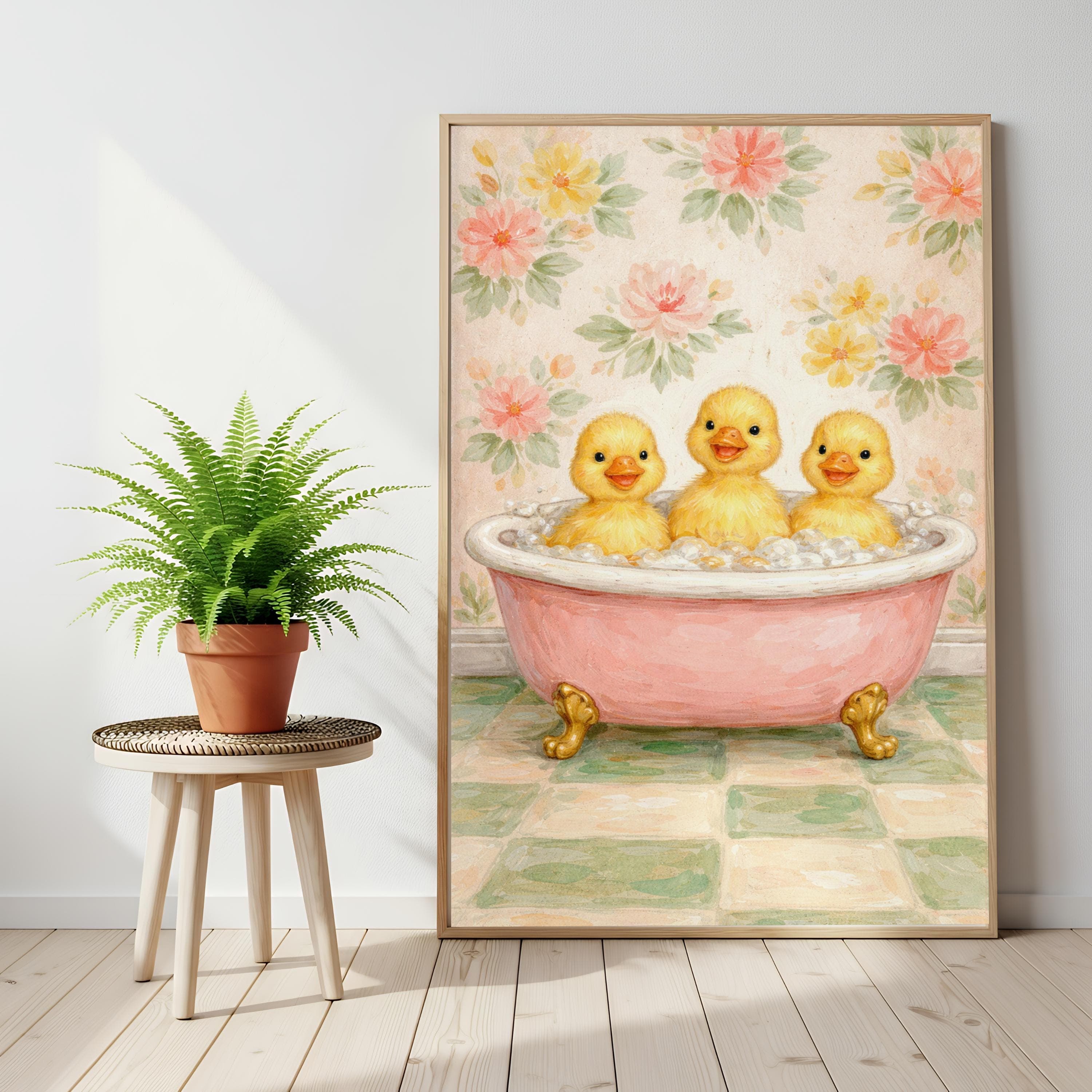 Cute Bathroom Ducks Art, Ducklings In Pink Bathtub, Funny Impressionist Poster - image 3