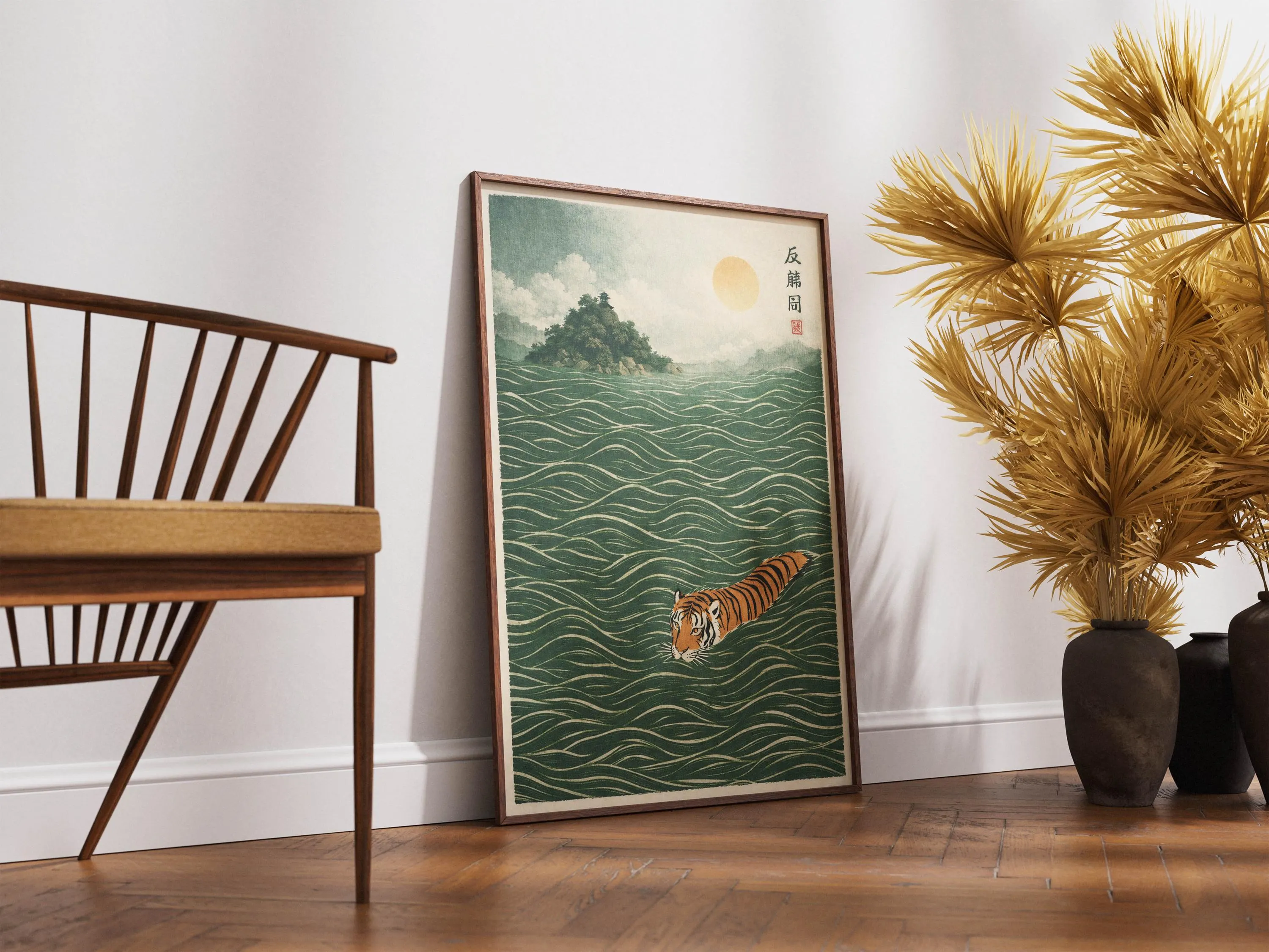Swimming Tiger Poster, Emerald Green Japanese Wave Art, Pagoda Island Ocean Print - image 3