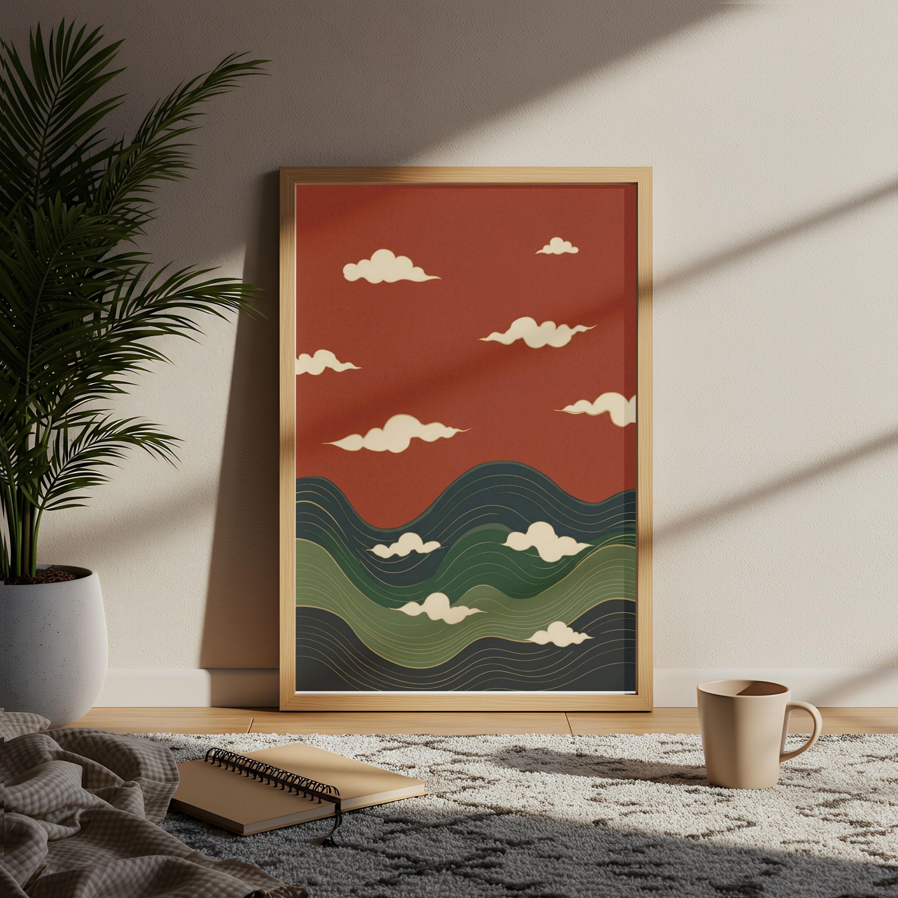 Japanese Cloud Poster, Abstract Wavy Hills, Terracotta Red Zen Landscape Art - image 5