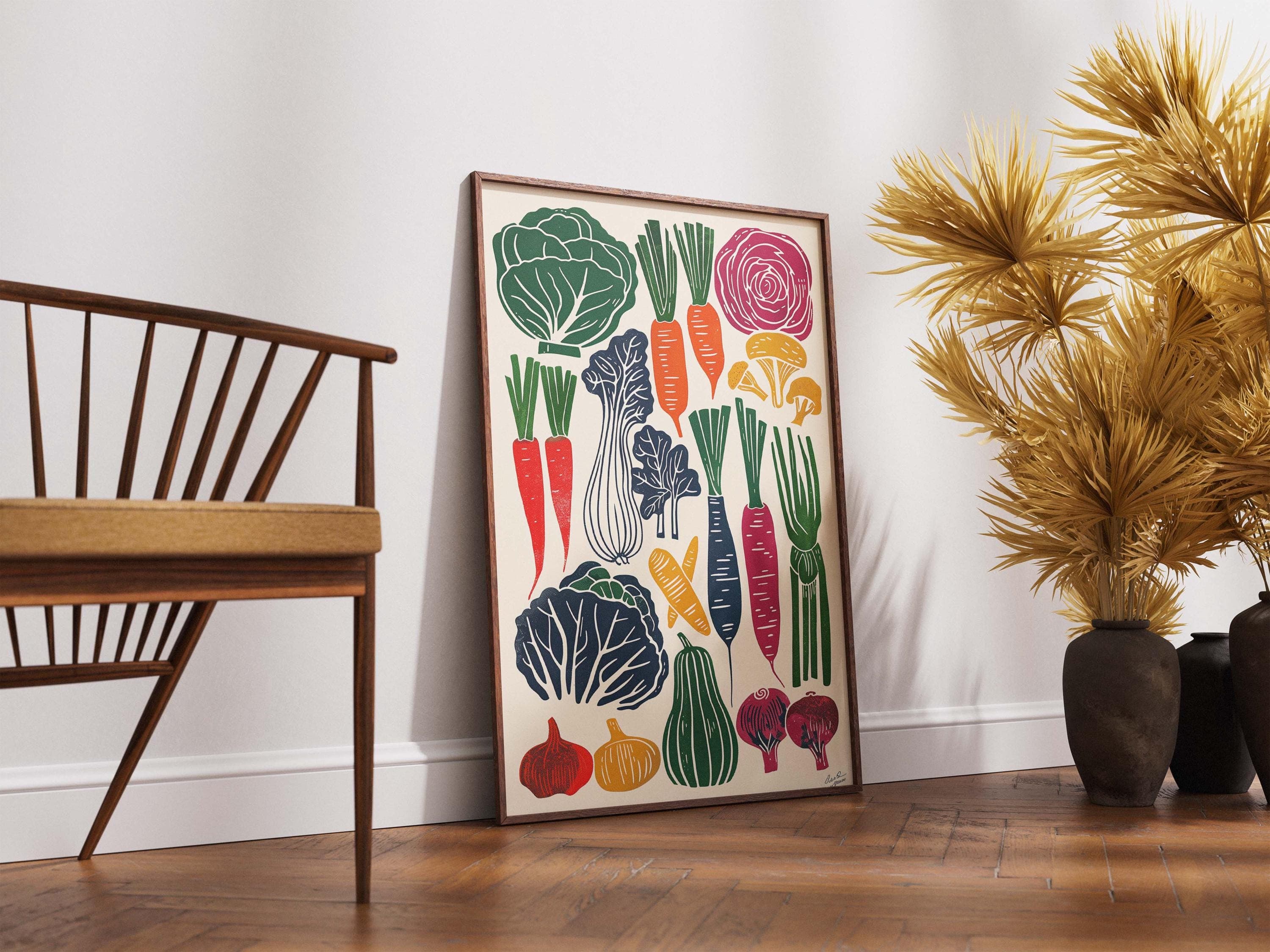 Root Vegetable Kitchen Art | Linocut Mushroom & Carrot Print | Rustic Farmers Market Poster | Autumn Harvest Decor | Vegan Cooking Gift - image 5