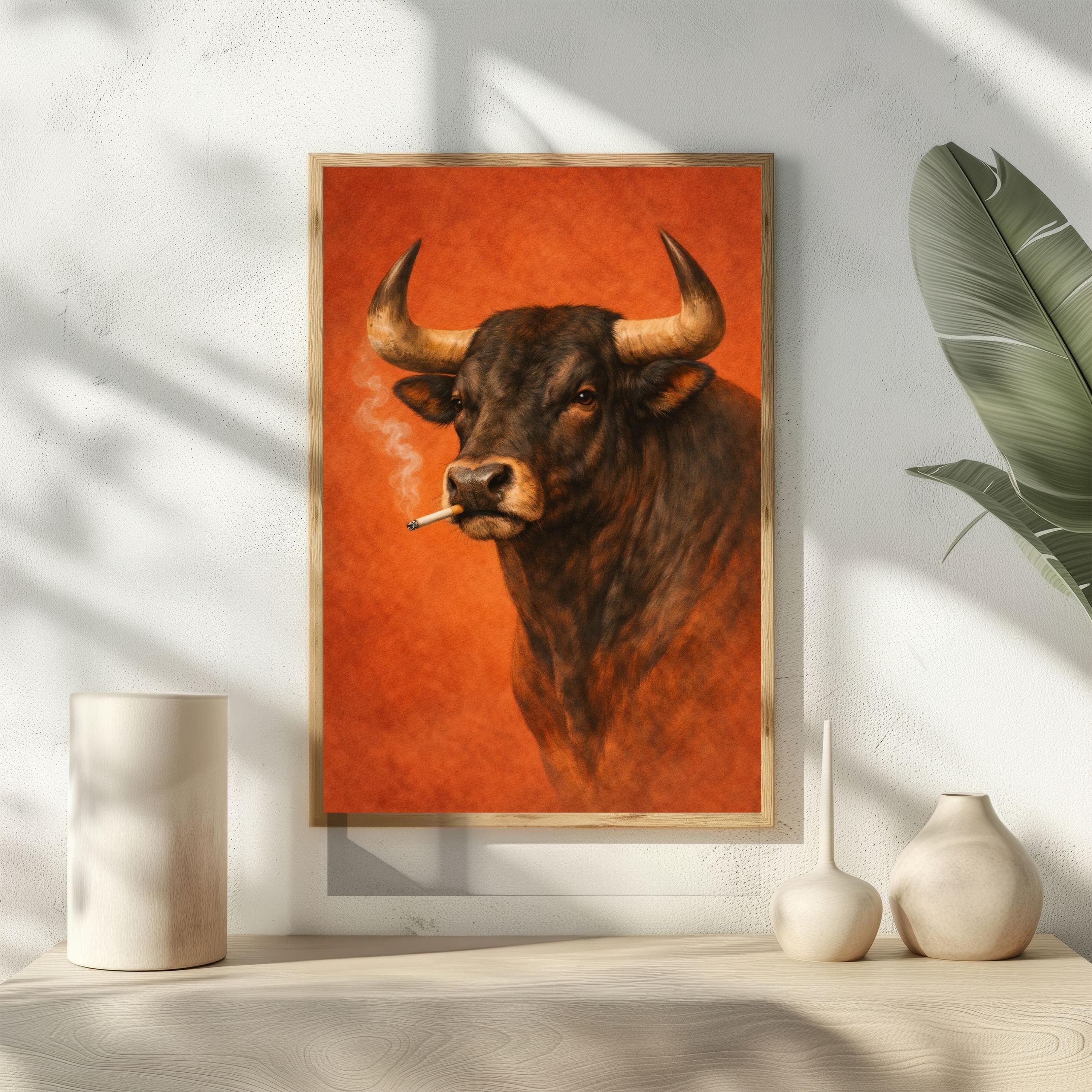 Smoking Bull Poster, Funny Cow Print, Man Cave Decor, Weirdcore Wall Art