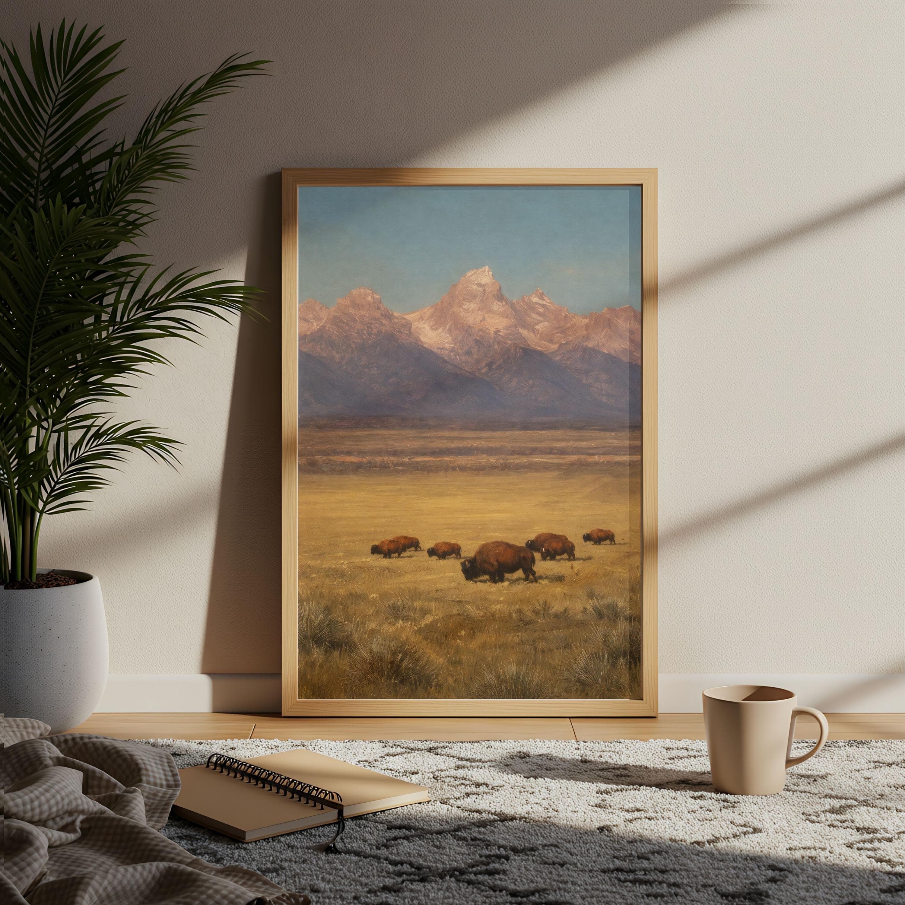 Vintage Western Bison Poster, Grand Teton Oil Painting, Prairie Landscape Art - image 4