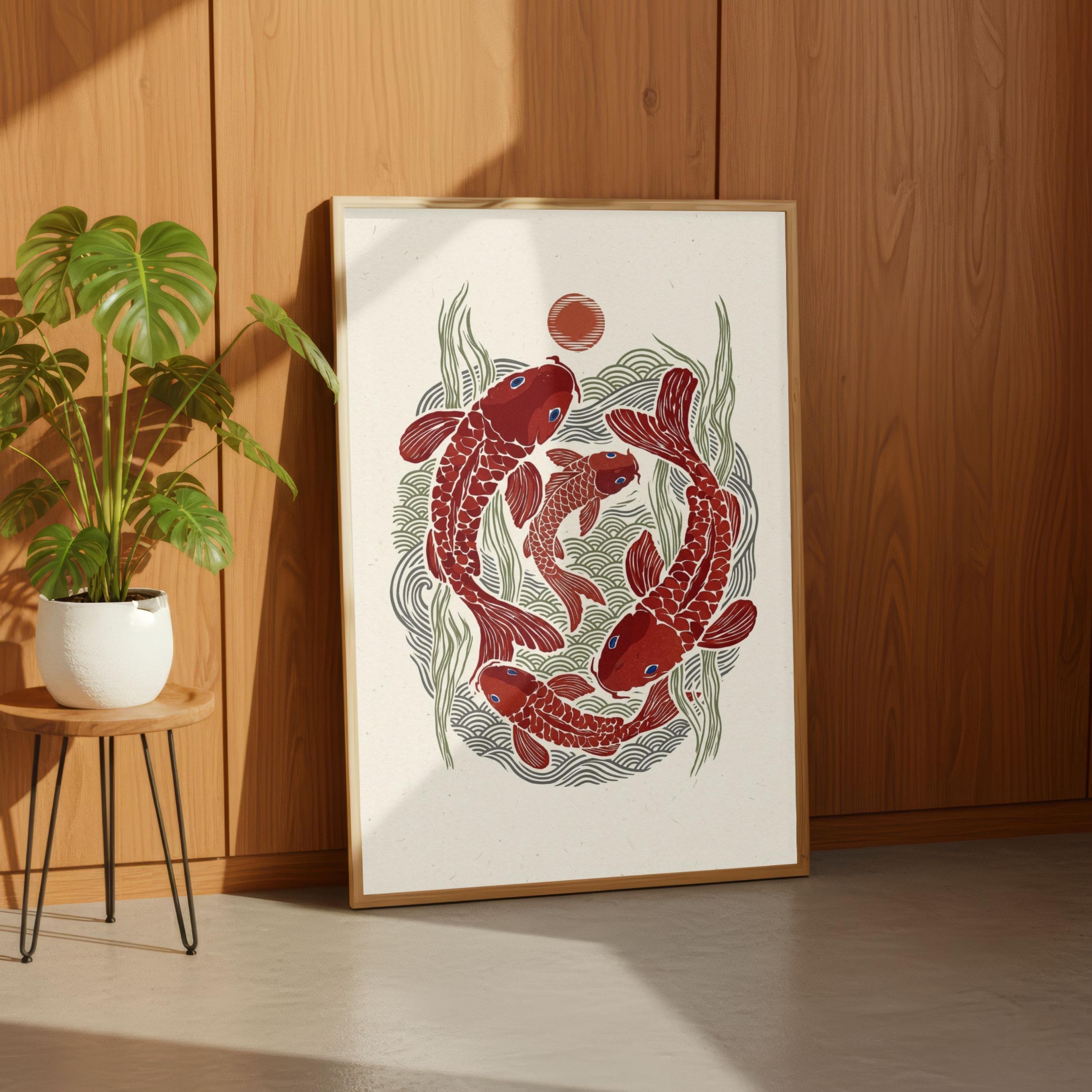Japandi Koi Fish Poster, Minimalist Zen Decor, Red Sun Art, Linocut Print - image 4