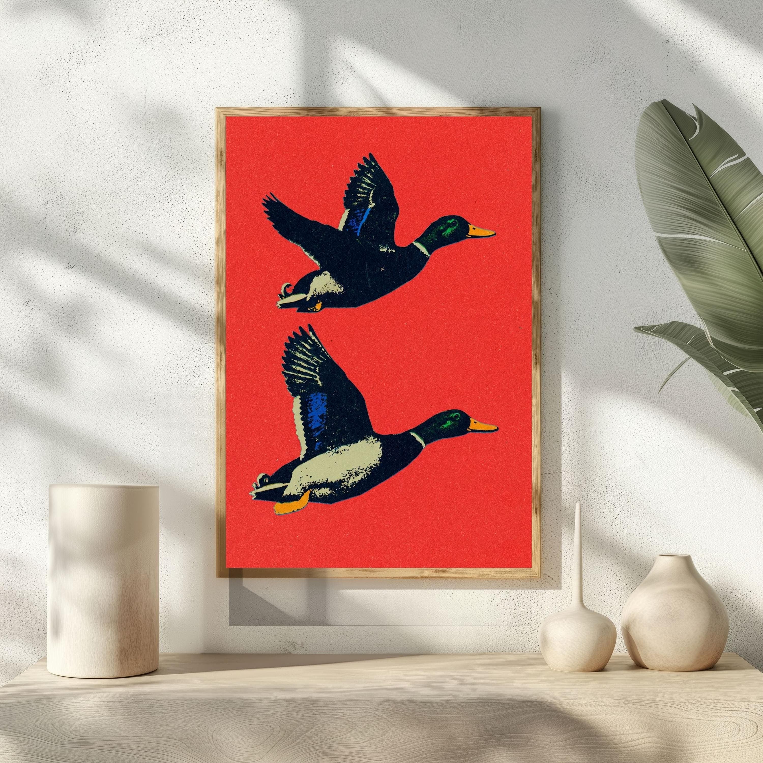 Flying Mallard Duck Poster, Retro Pop Art, Red Background Graphic, Vintage Decor