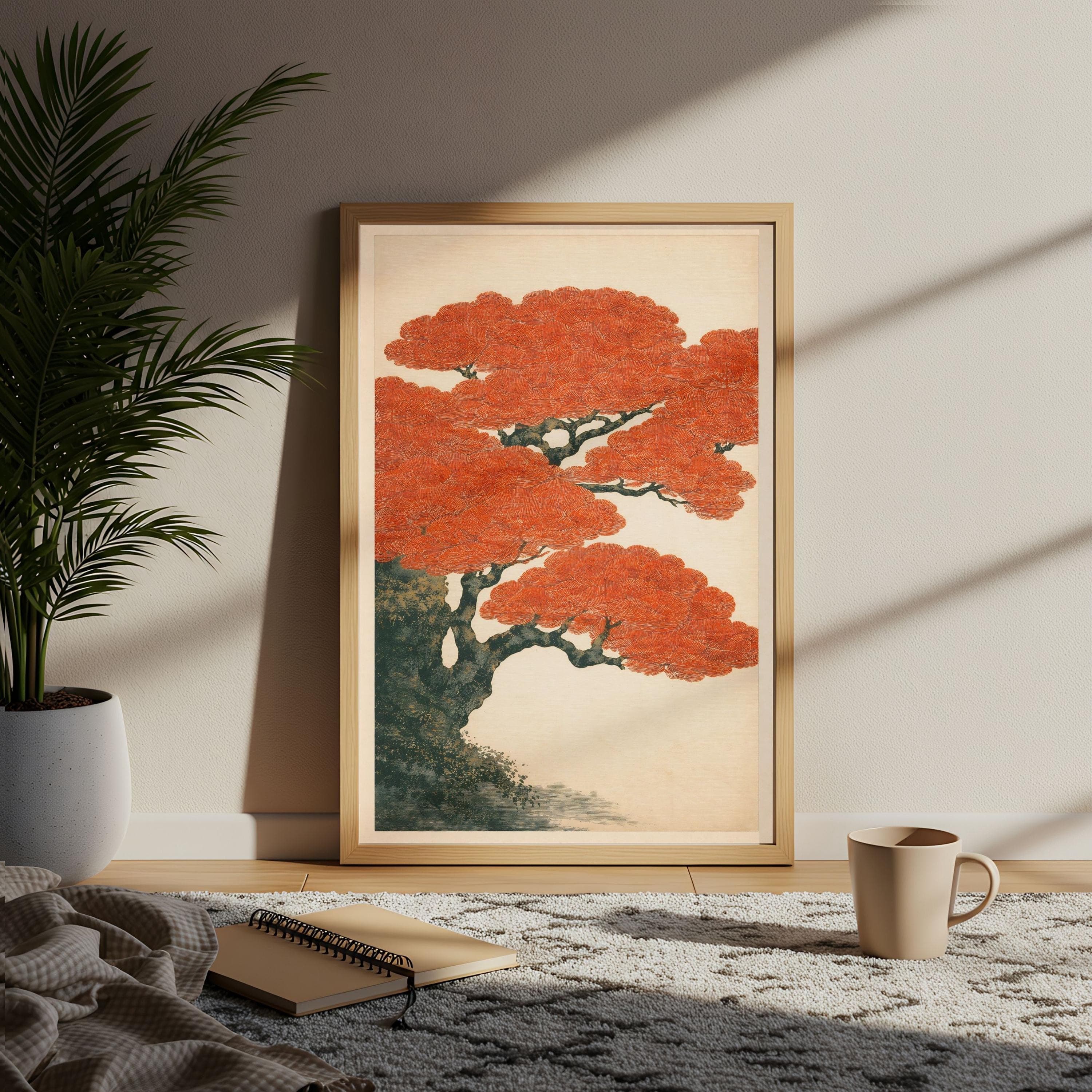 Japanese Pine Tree Print, Red Foliage Japandi Wall Art, Shin-hanga Poster - image 5