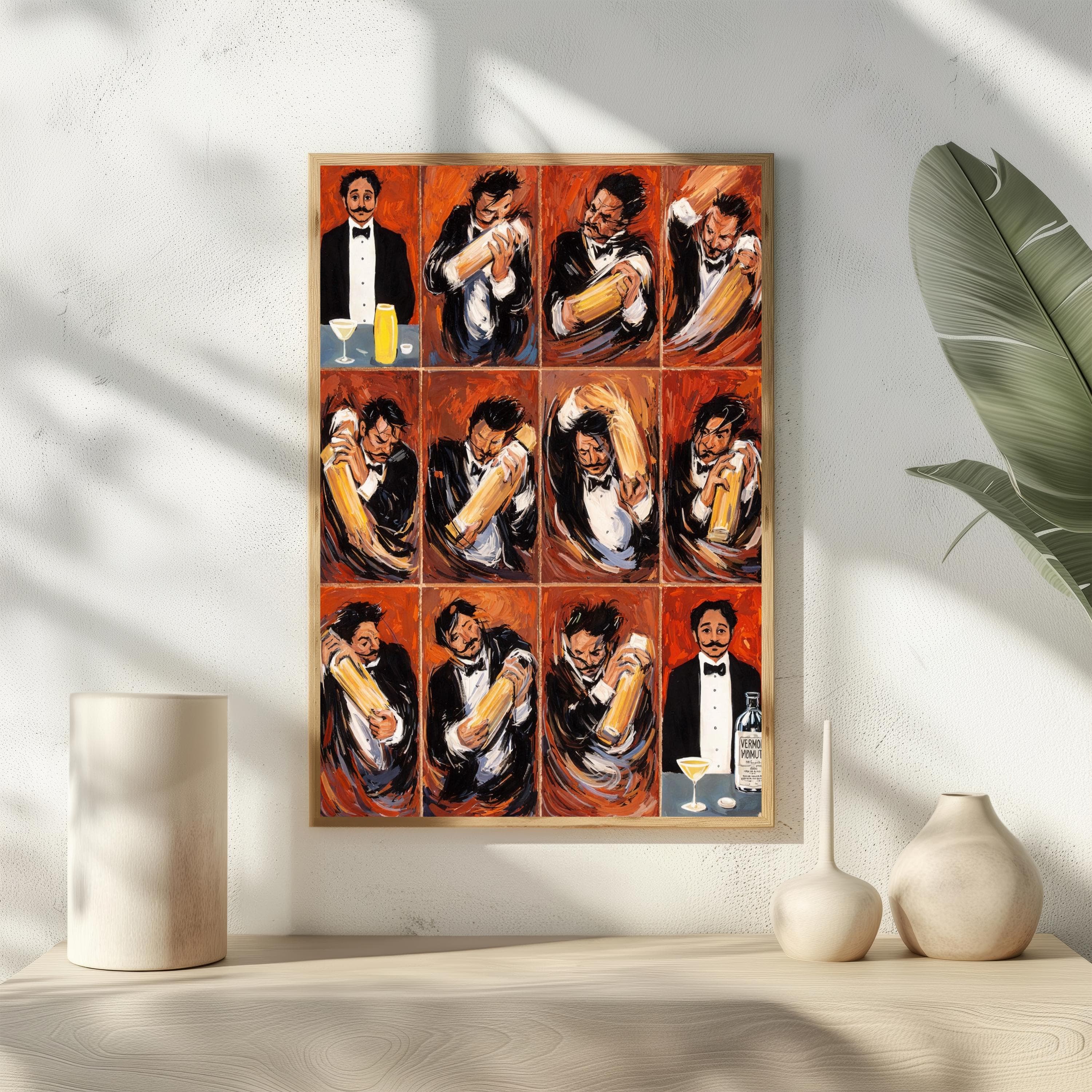 Guy Buffet Martini Print, Bartender Shaking Cocktail Art, Vintage Bar Wall Decor, 12 Panel Sequence Poster, Man Cave Gift, Mixology Art