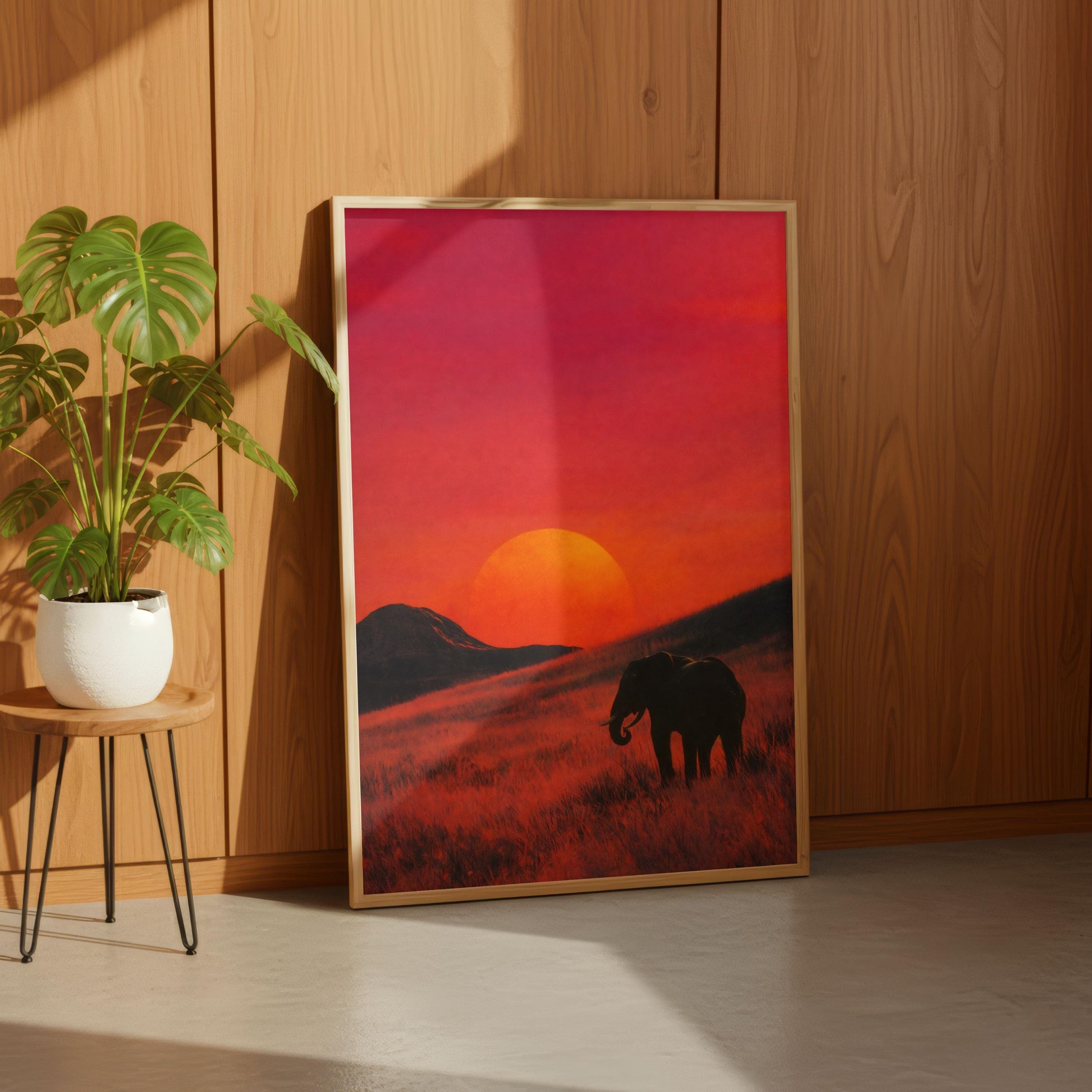 Elephant Sunset Silhouette, African Safari Wall Art, Retro Red Orange Poster - image 4