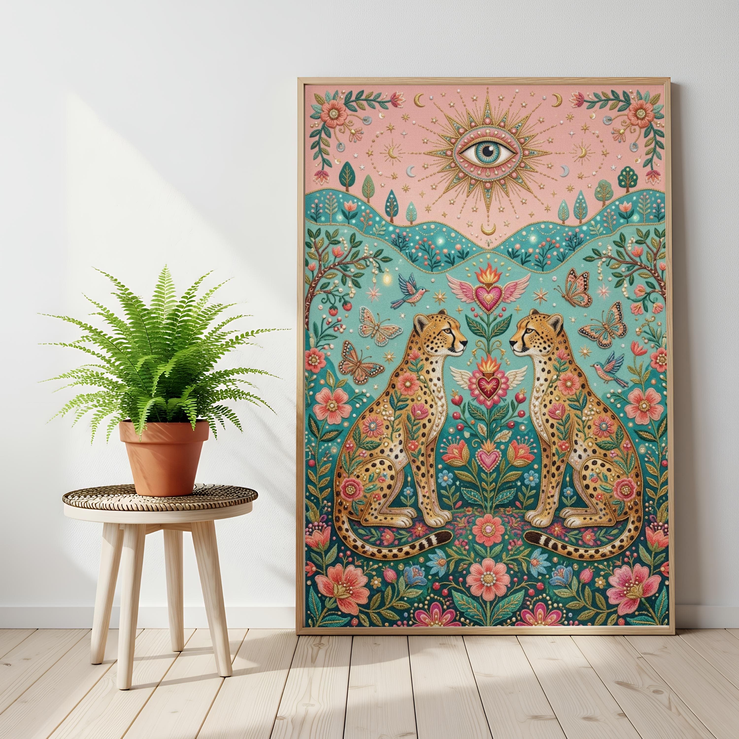Maximalist Cheetah Wall Art, Faux Embroidery Print, Sacred Heart, Evil Eye Poster - image 3