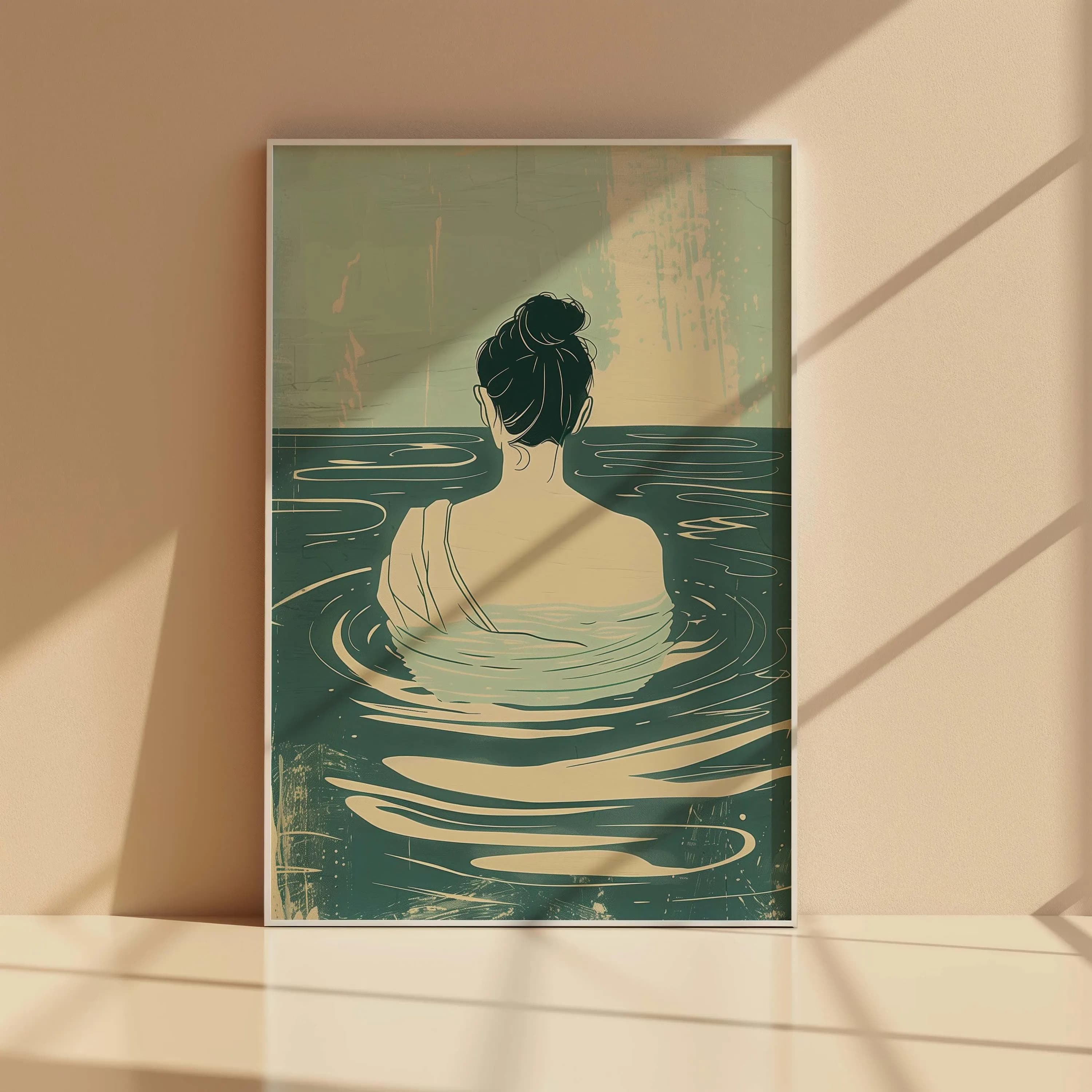 Sage Green Bathroom Wall Art, Minimalist Woman in Water Print, Teal Spa Decor, Modern Calm Poster, Serene Back View, Earthy Tone Art - image 3