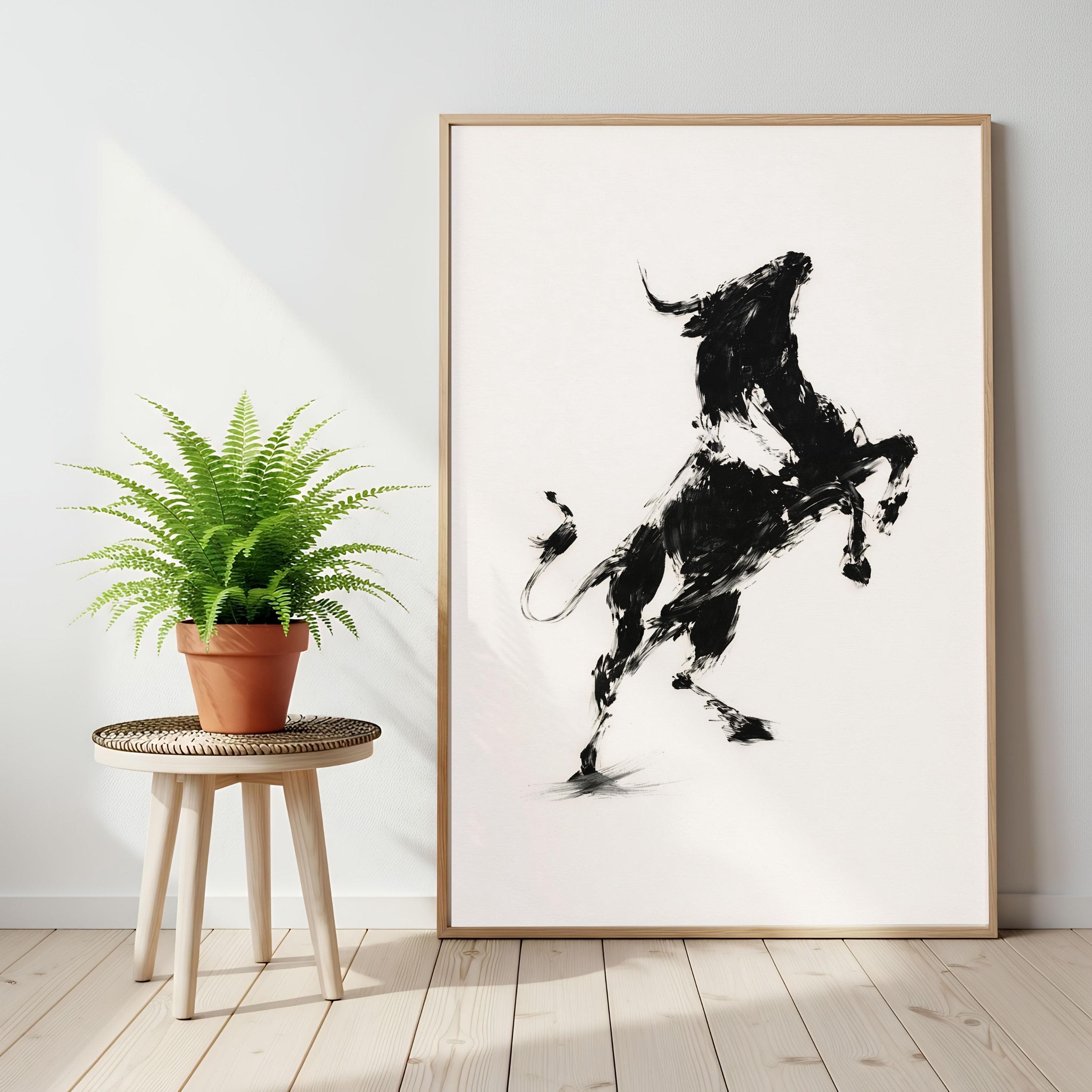 Sumi e Bull Poster, Ink Wash Wall Art, Minimalist Western Decor, Rearing Bull - image 3