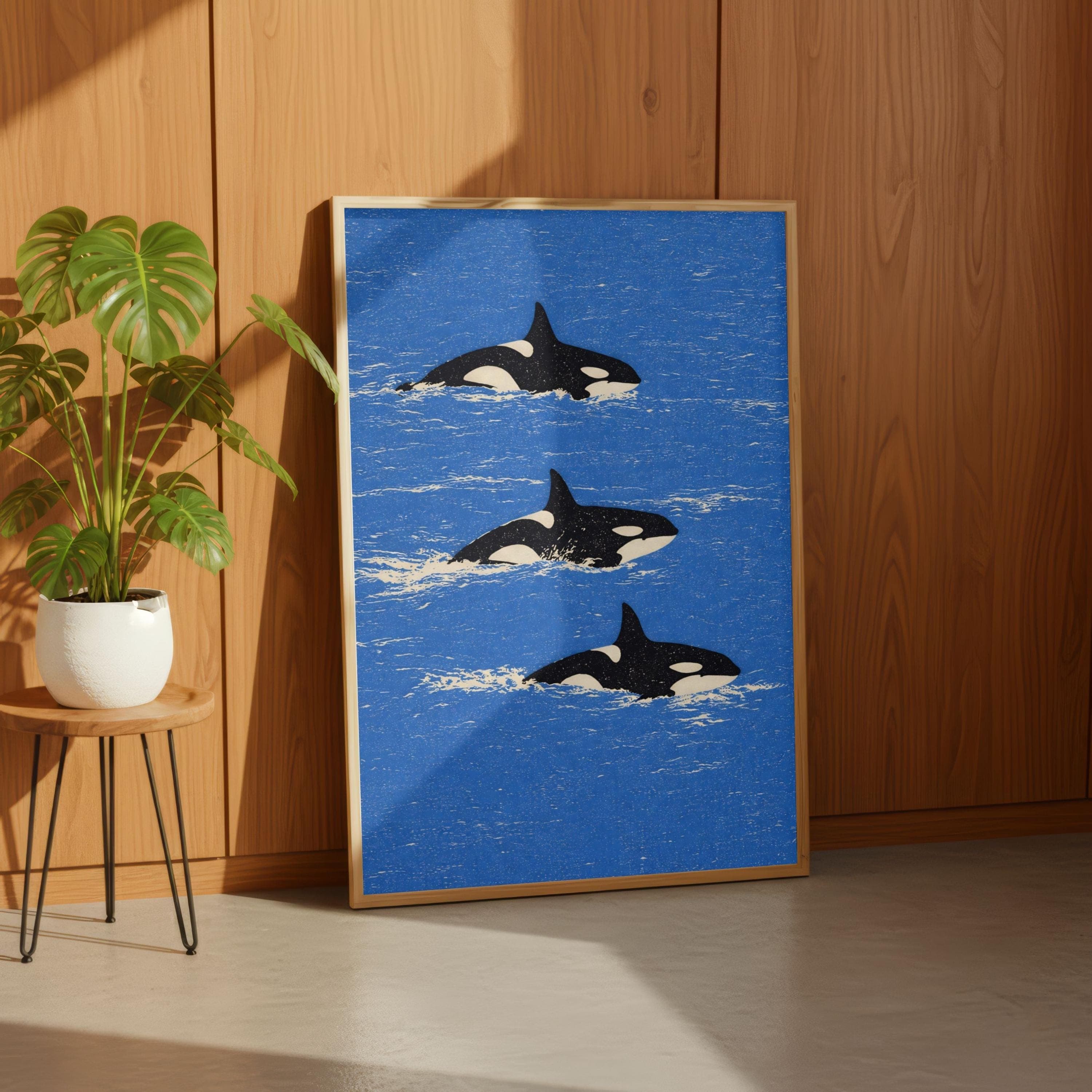 Orca Linocut Print, Coastal Decor Blue Retro Wall Art, Killer Whale Woodblock - image 4
