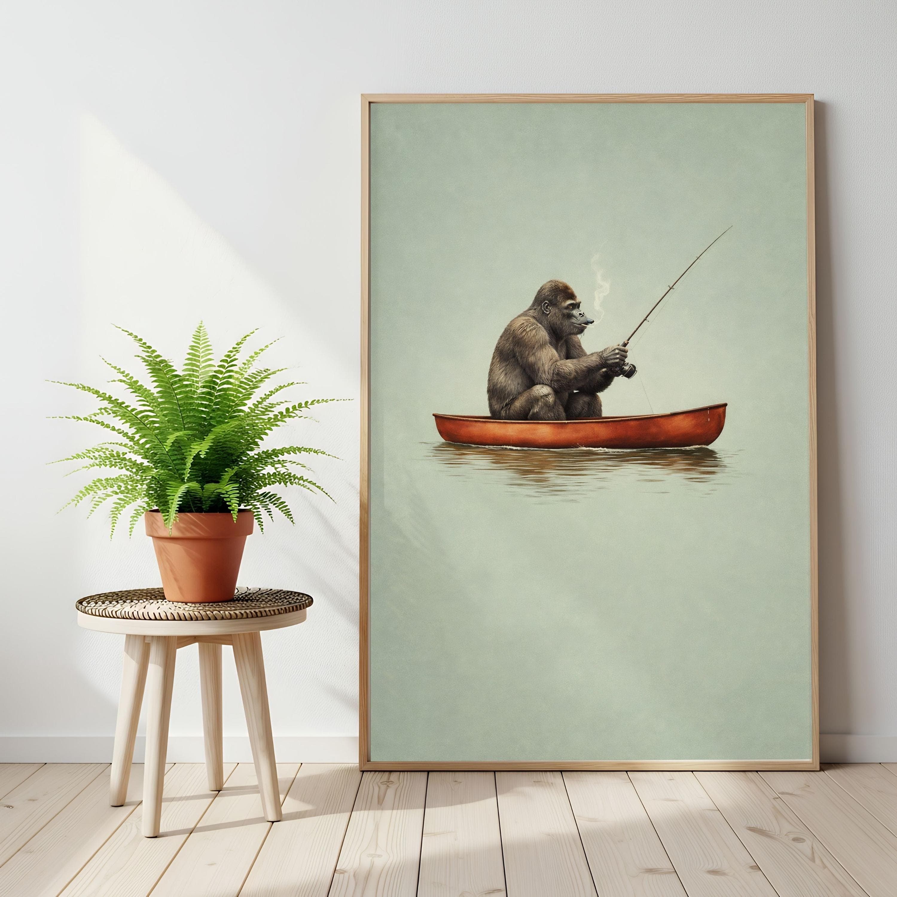 Gorilla Fishing Poster, Whimsical Canoe Print, Smoking Pipe Art, Sage Green - image 3