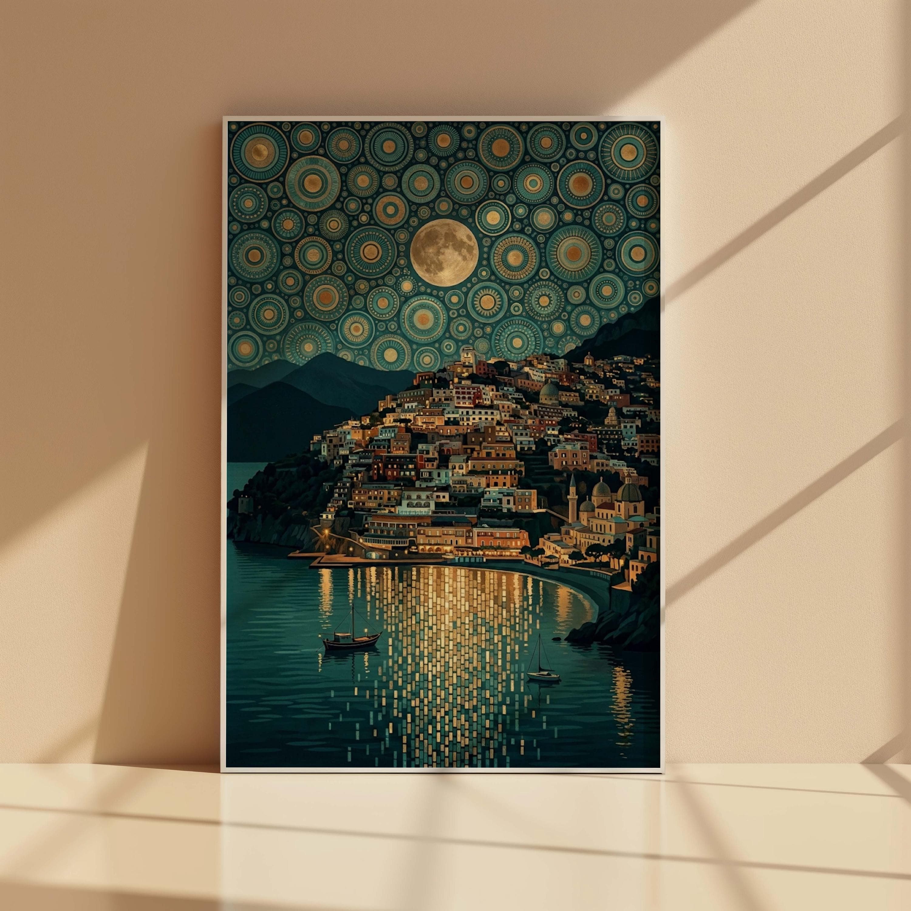 Positano Night Art Print, Klimt Coastal Village Wall Decor - image 3