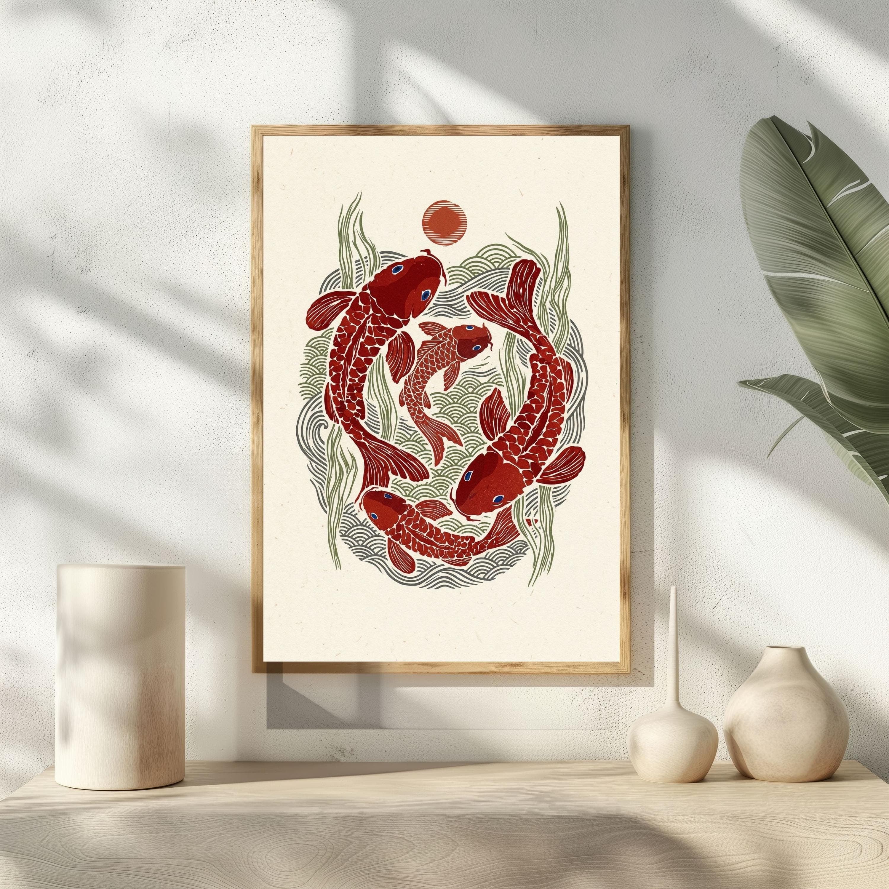 Japandi Koi Fish Poster, Minimalist Zen Decor, Red Sun Art, Linocut Print